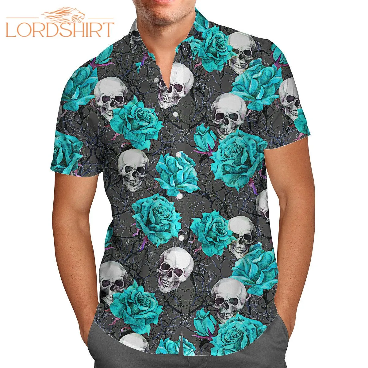 Turquoise Rose Skull Hawaiian Shirt