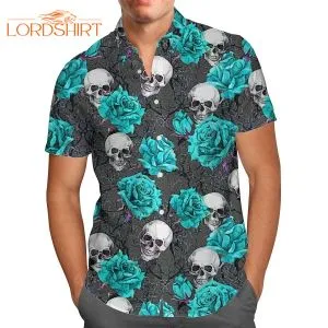 Turquoise Rose Skull Hawaiian Shirt