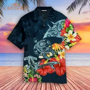 Turtle Shark Manta Ray Hibiscus Plumeria Aloha Hawaiian Shirt