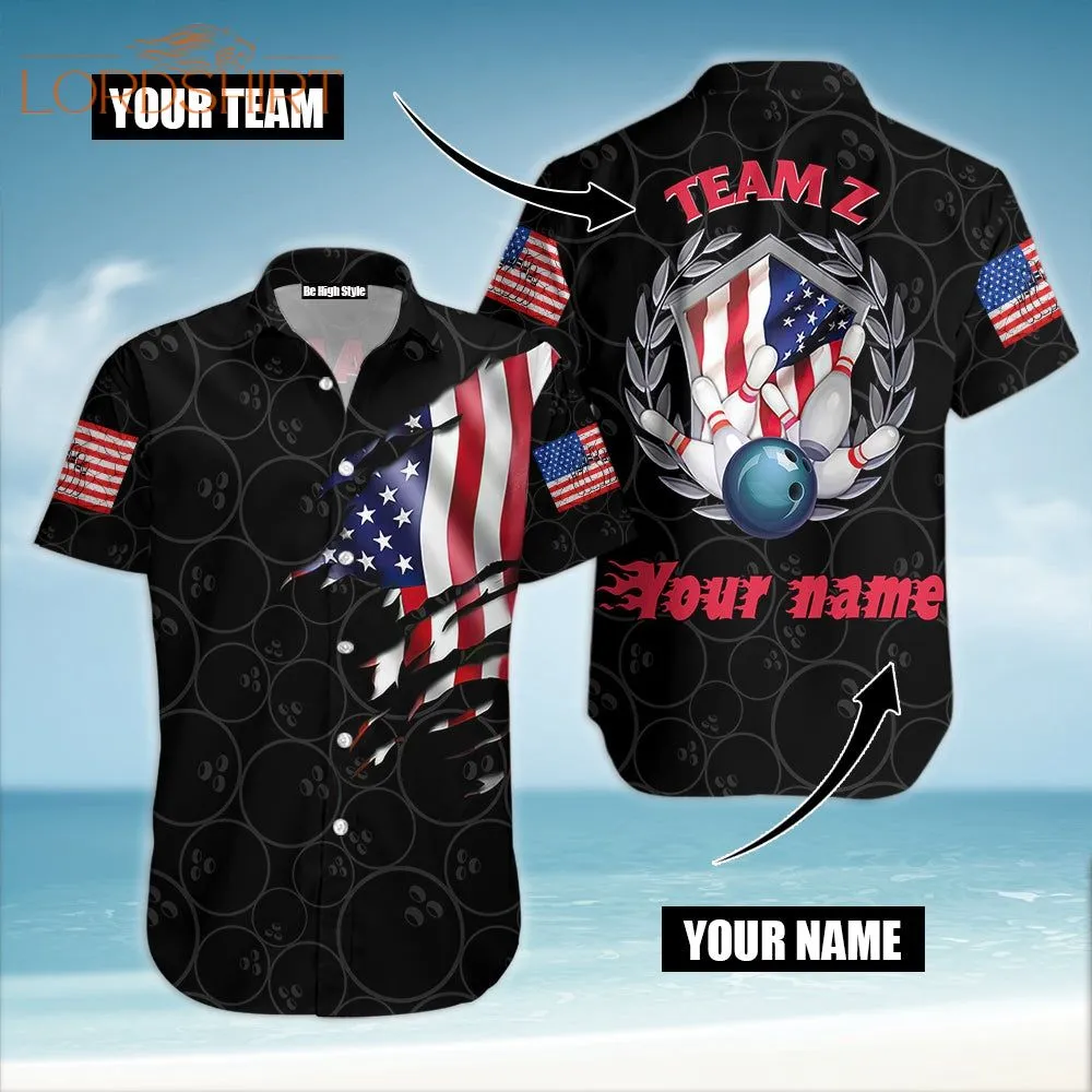 United States Flag Bowling Team Custom Name Hawaiian Shirt