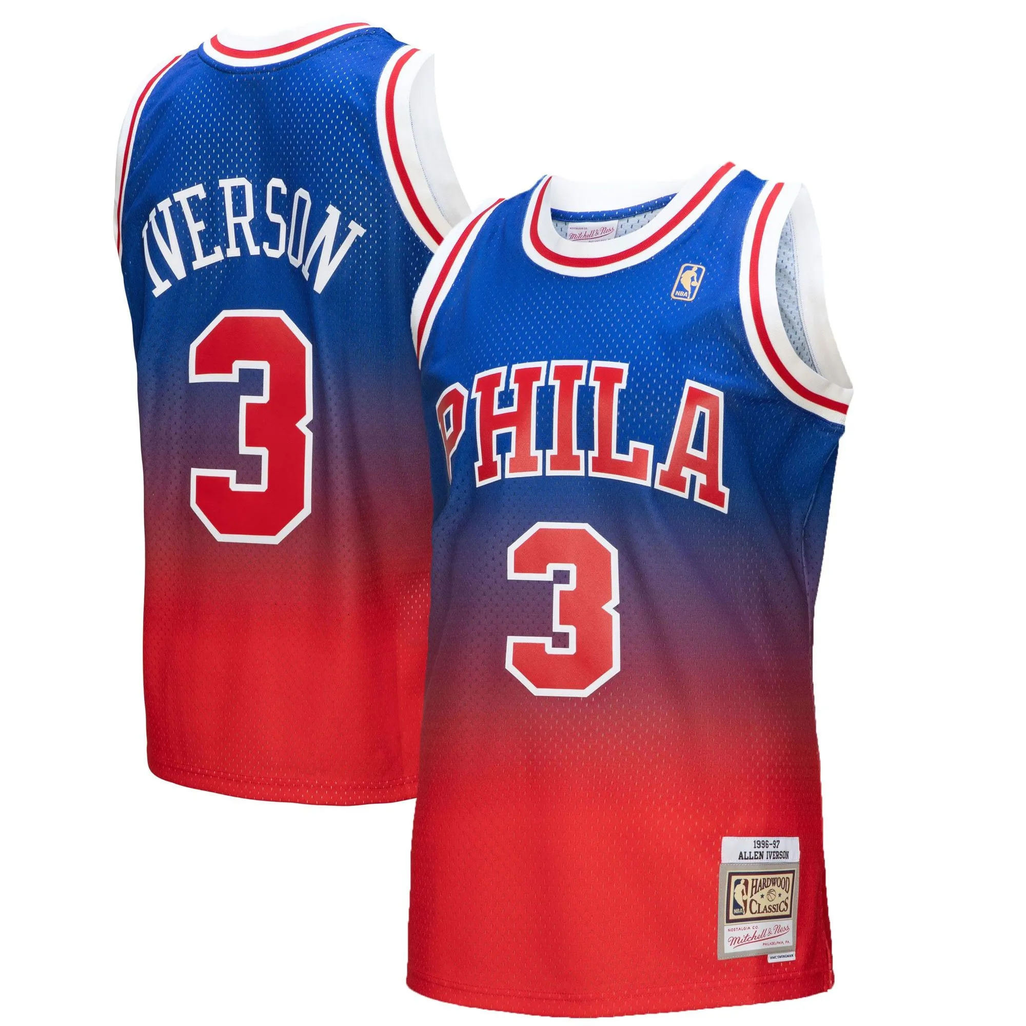 Allen Iverson Philadelphia 76ers Mitchell & Ness 1996/97 Hardwood Classics Fadeaway Swingman Player Jersey - Red/Royal