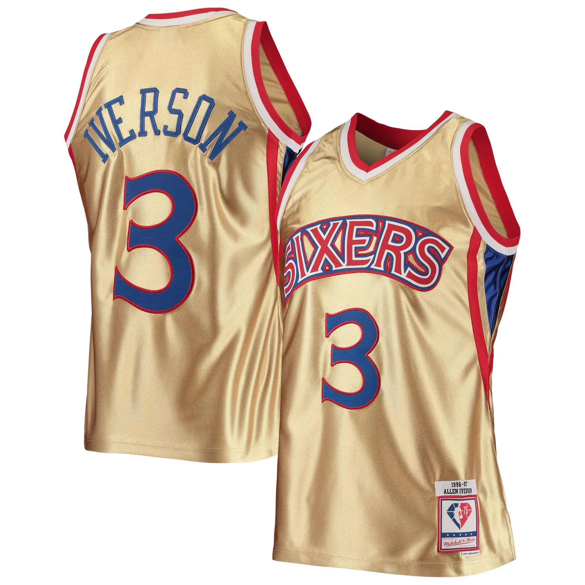 Allen Iverson Philadelphia 76ers Mitchell & Ness 75th Anniversary 1996/97 Hardwood Classics Swingman Jersey - Gold