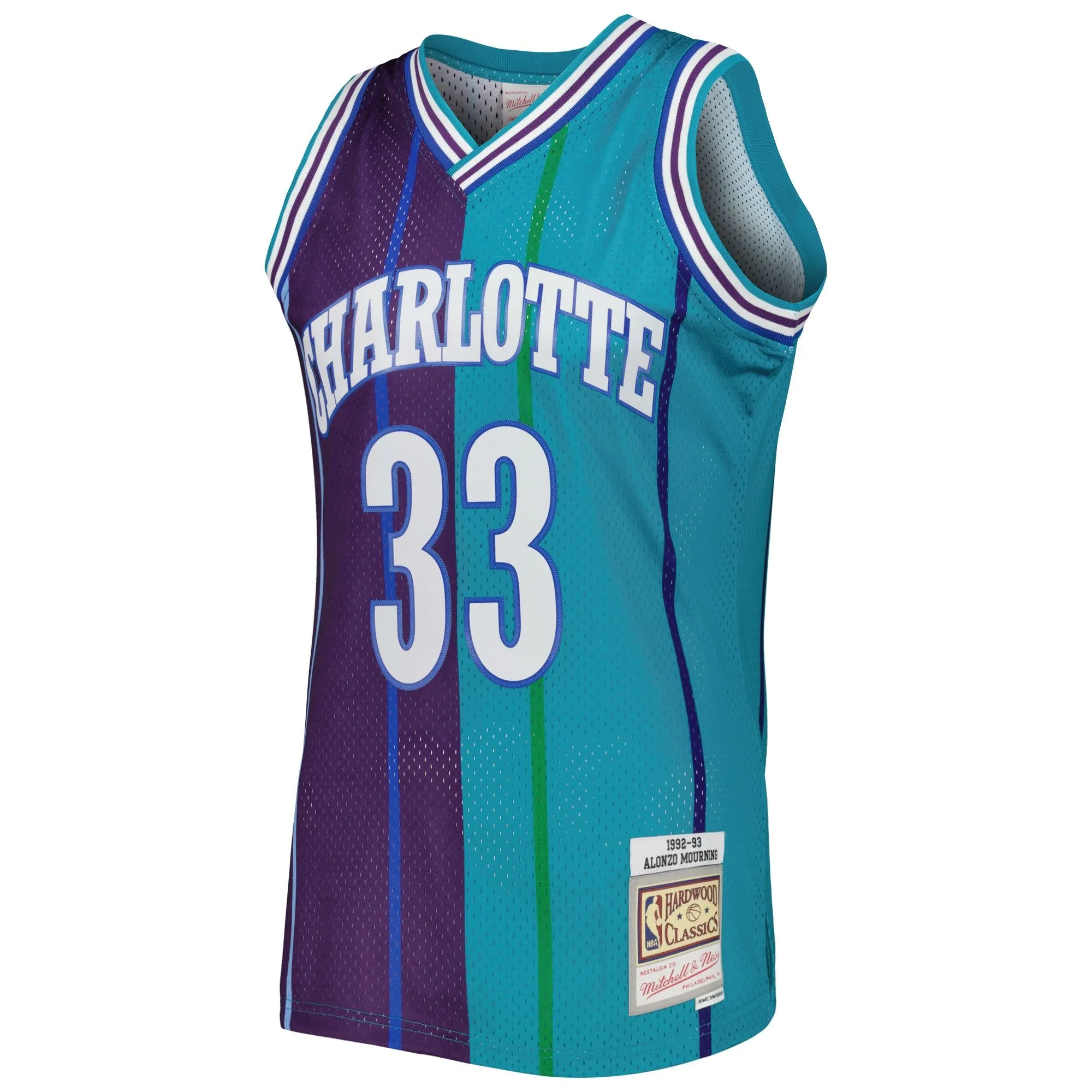 Alonzo Mourning Charlotte Hornets Mitchell & Ness Hardwood Classics 1992/93 Split Swingman Jersey - Teal/Purple