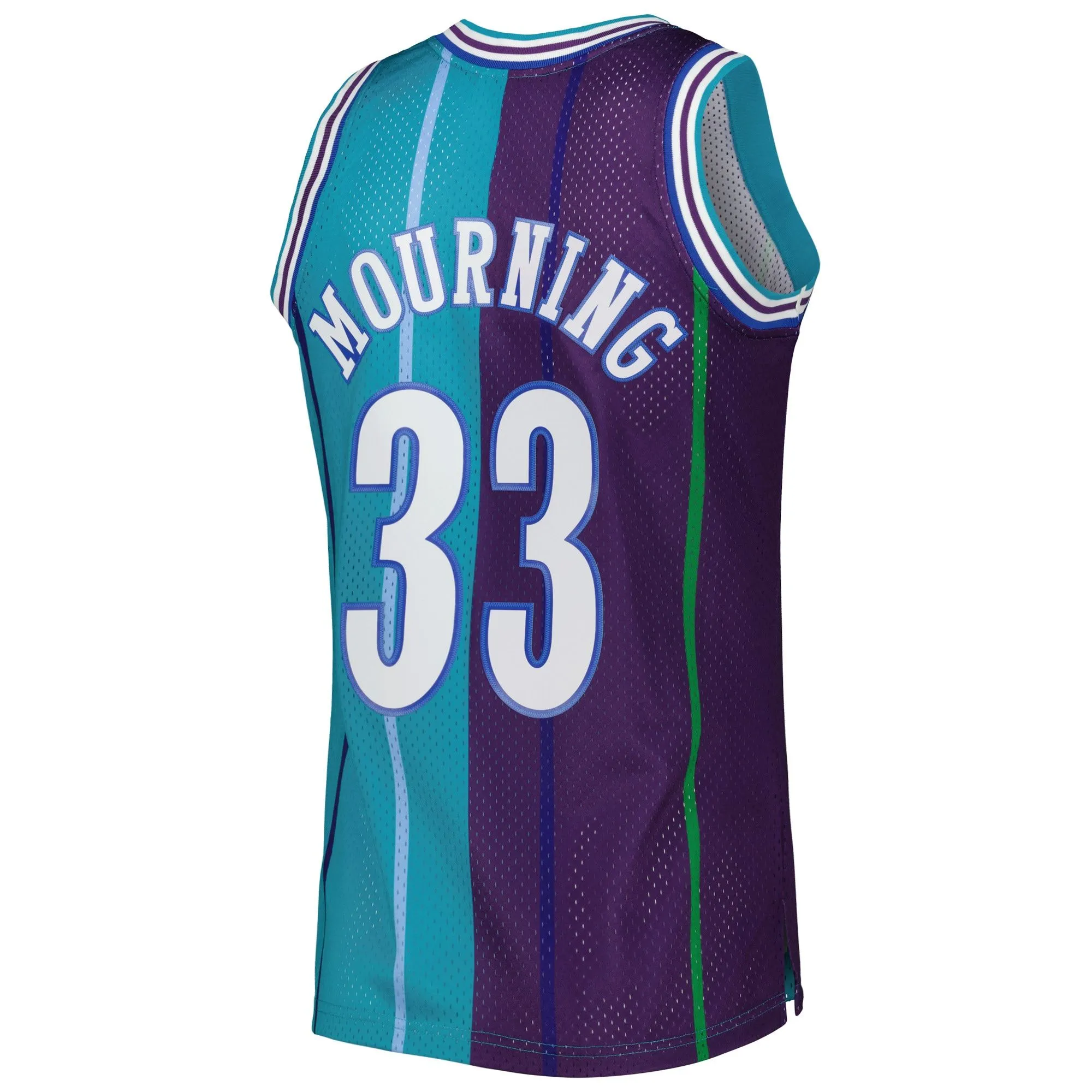 Alonzo Mourning Charlotte Hornets Mitchell & Ness Hardwood Classics 1992/93 Split Swingman Jersey - Teal/Purple