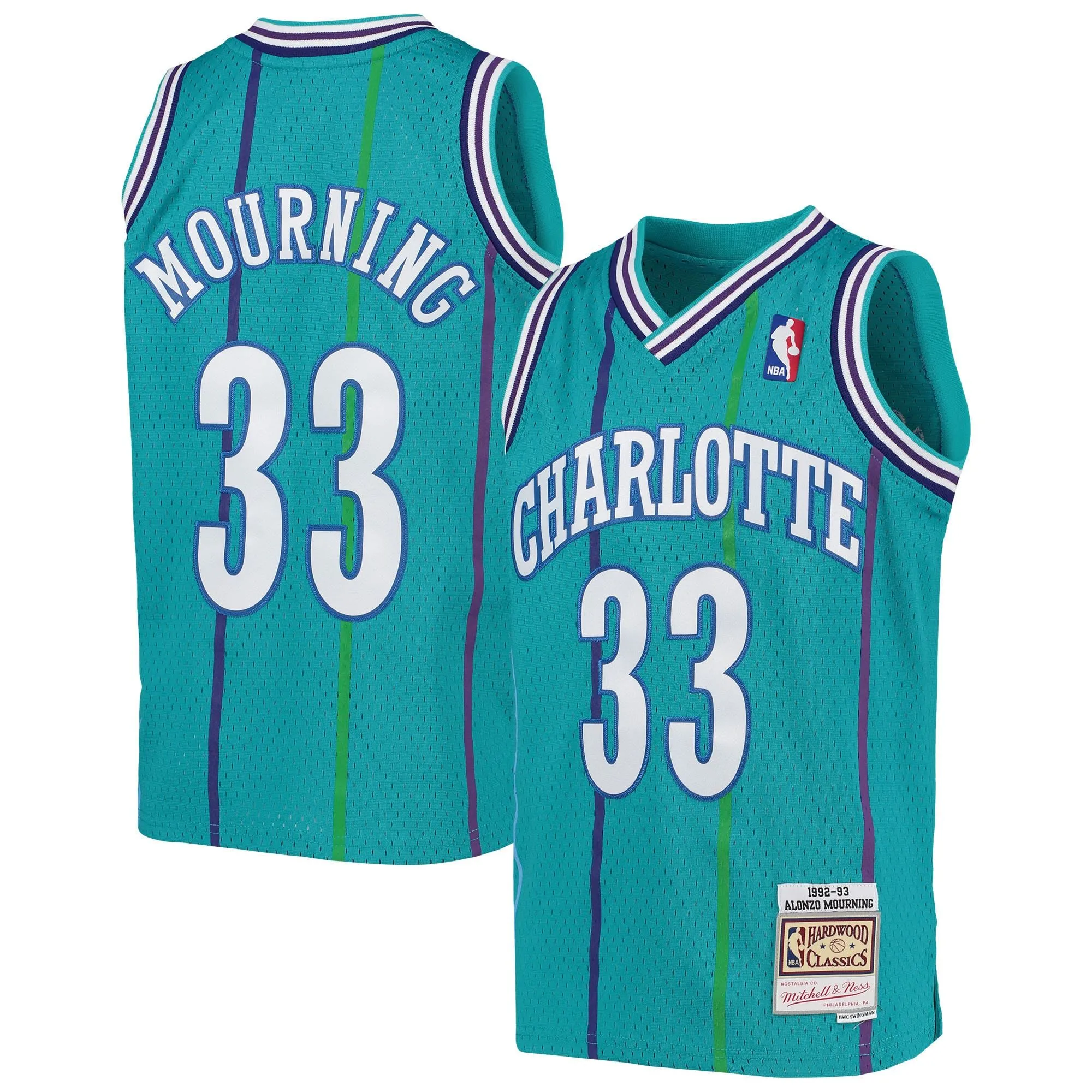 Alonzo Mourning Charlotte Hornets Mitchell & Ness Youth 1992/93 Hardwood Classics Swingman Jersey - Teal