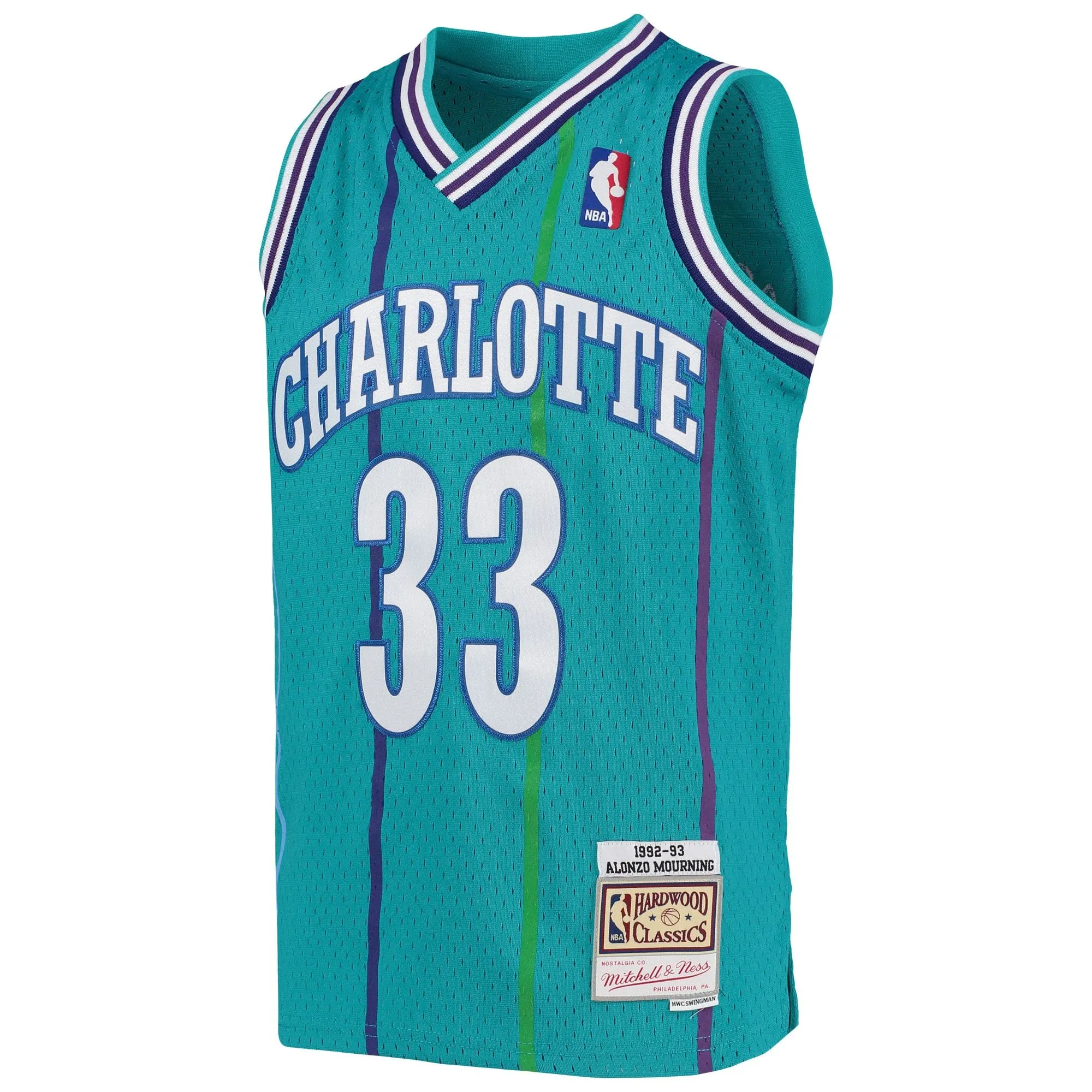 Alonzo Mourning Charlotte Hornets Mitchell & Ness Youth 1992/93 Hardwood Classics Swingman Jersey - Teal