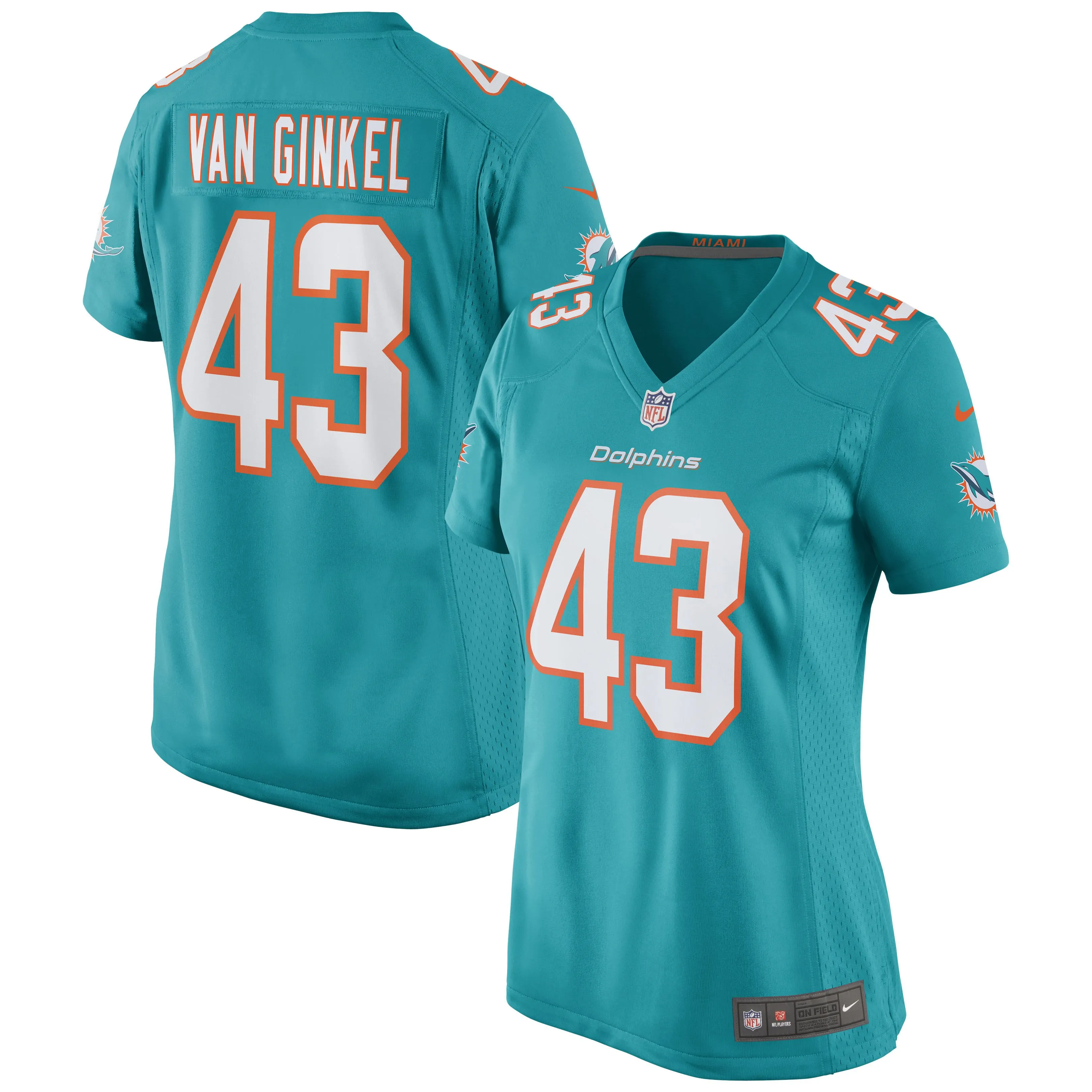 Andrew Van Ginkel Miami Dolphins  Women's Game Jersey - Aqua