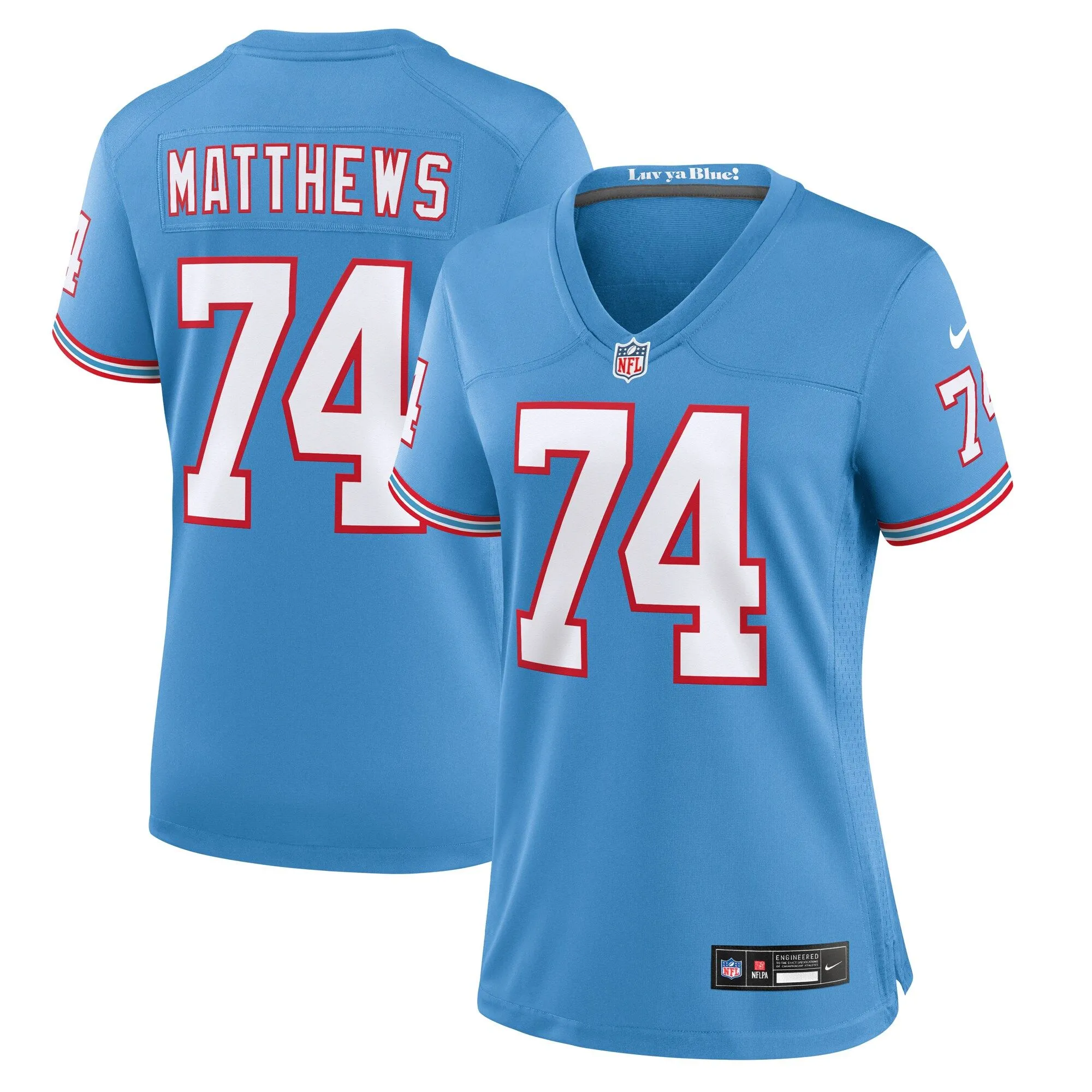 Bruce Matthews Tennessee Titans  Women's Oilers Throwback Retired Player Game Jersey - Light Blue