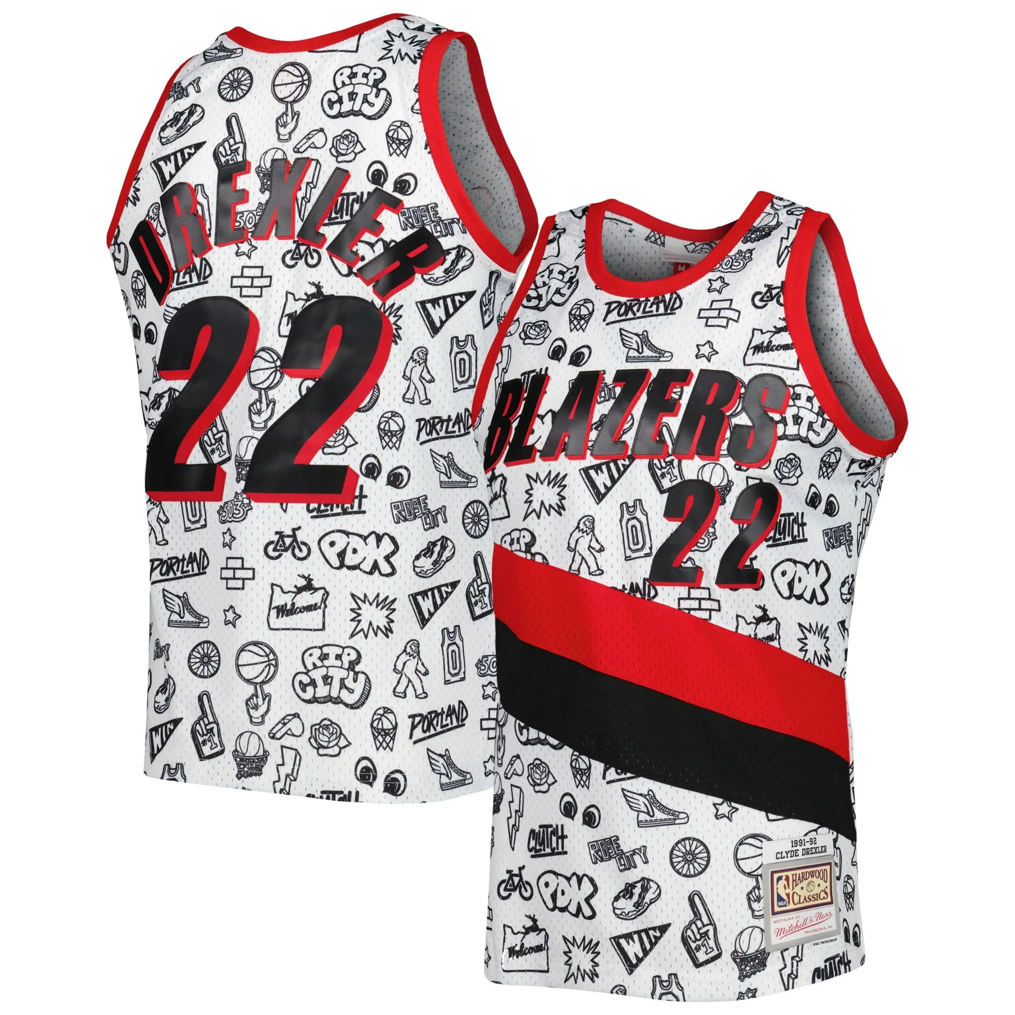 Clyde Drexler Portland Trail Blazers Mitchell & Ness 1991-92 Hardwood Classics Doodle Swingman Jersey - White