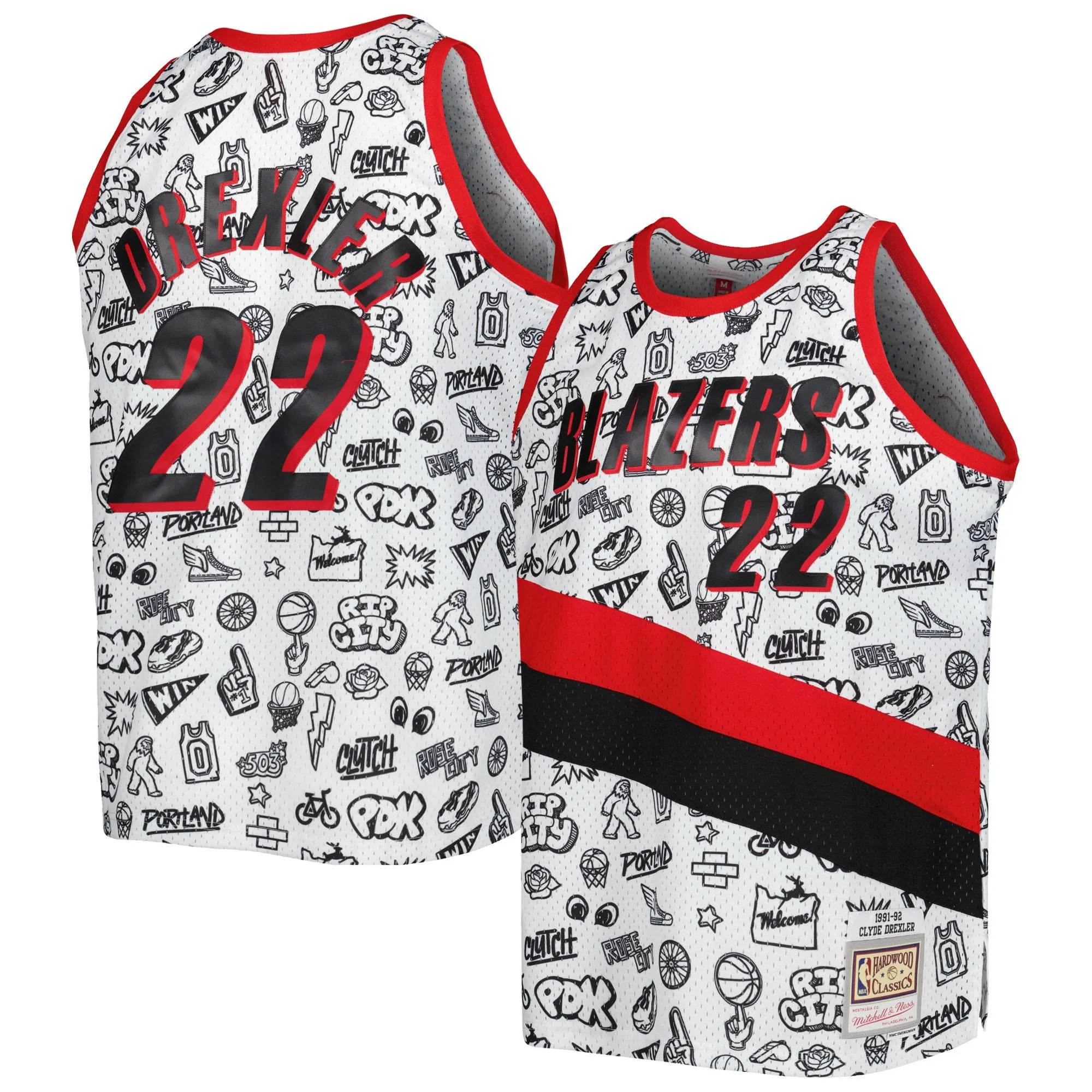 Clyde Drexler Portland Trail Blazers Mitchell & Ness 1991/92 Hardwood Classics Doodle Swingman Player Jersey - White