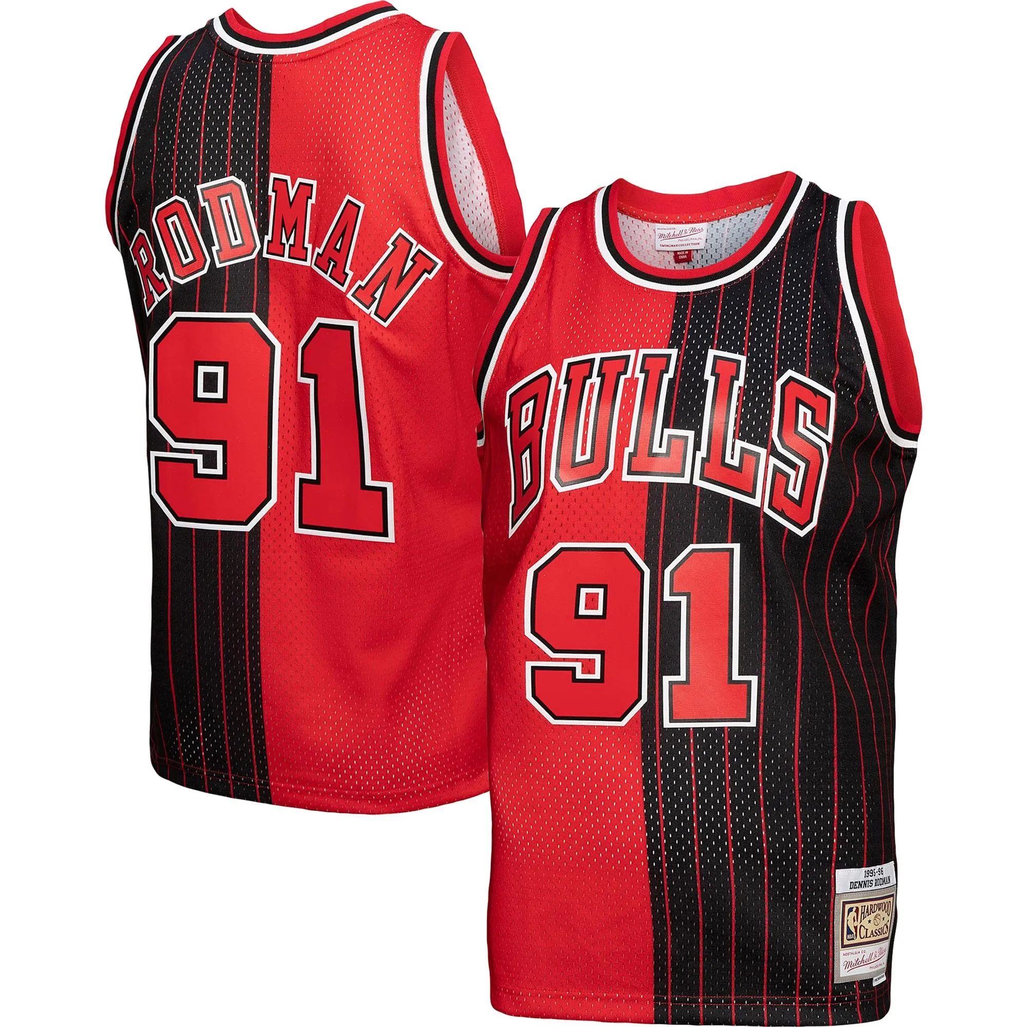 Dennis Rodman Chicago Bulls Mitchell & Ness Big & Tall Hardwood Classics 1995/96 Split Swingman Jersey - Red/Black