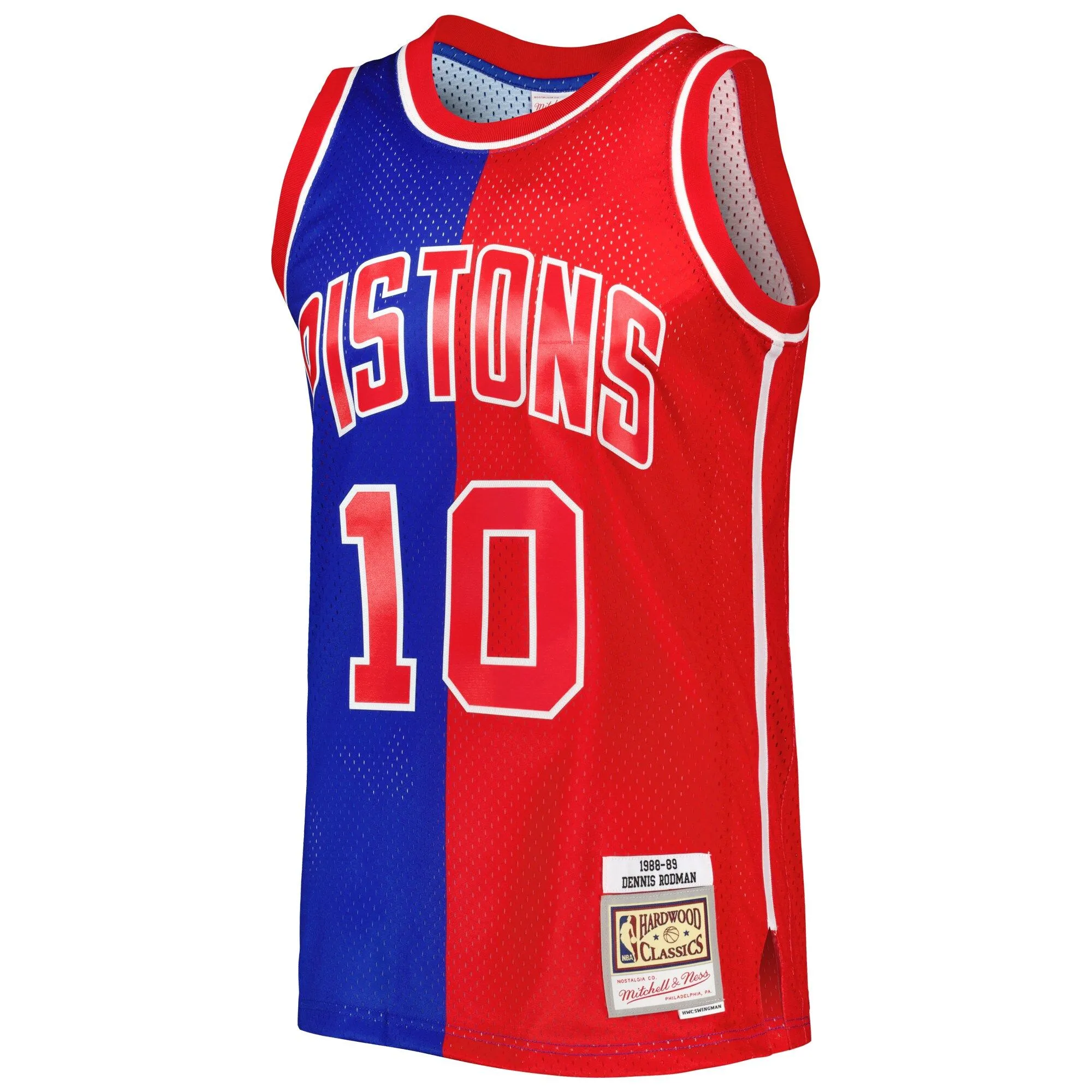 Dennis Rodman Detroit Pistons Mitchell & Ness Hardwood Classics 1988/89 Split Swingman Jersey - Blue/Red