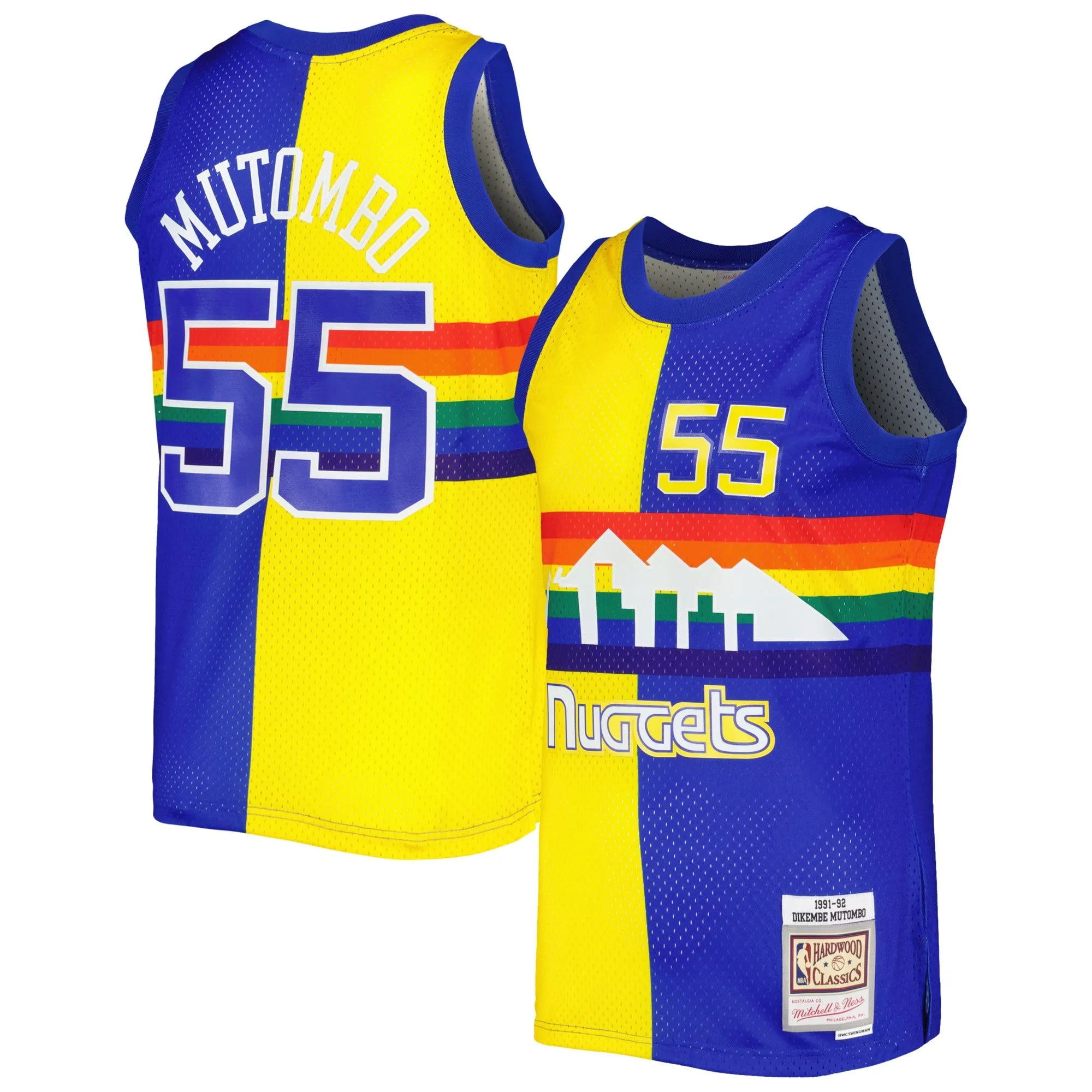 Dikembe Mutombo Denver Nuggets Mitchell & Ness Hardwood Classics 1991/92 Split Swingman Jersey - Royal/Gold