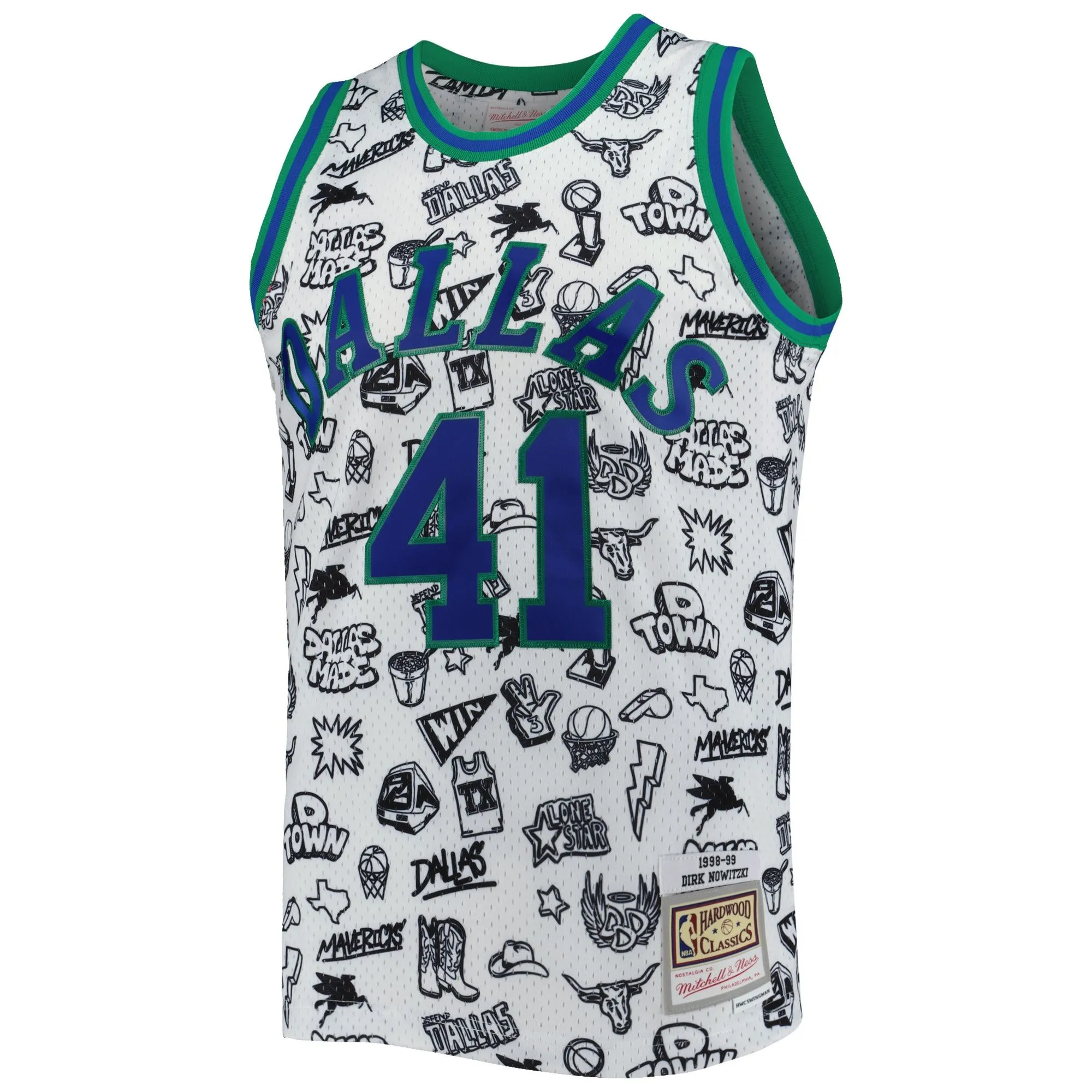 Dirk Nowitzki Dallas Mavericks Mitchell & Ness 1998/99 Hardwood Classics Doodle Swingman Jersey - White