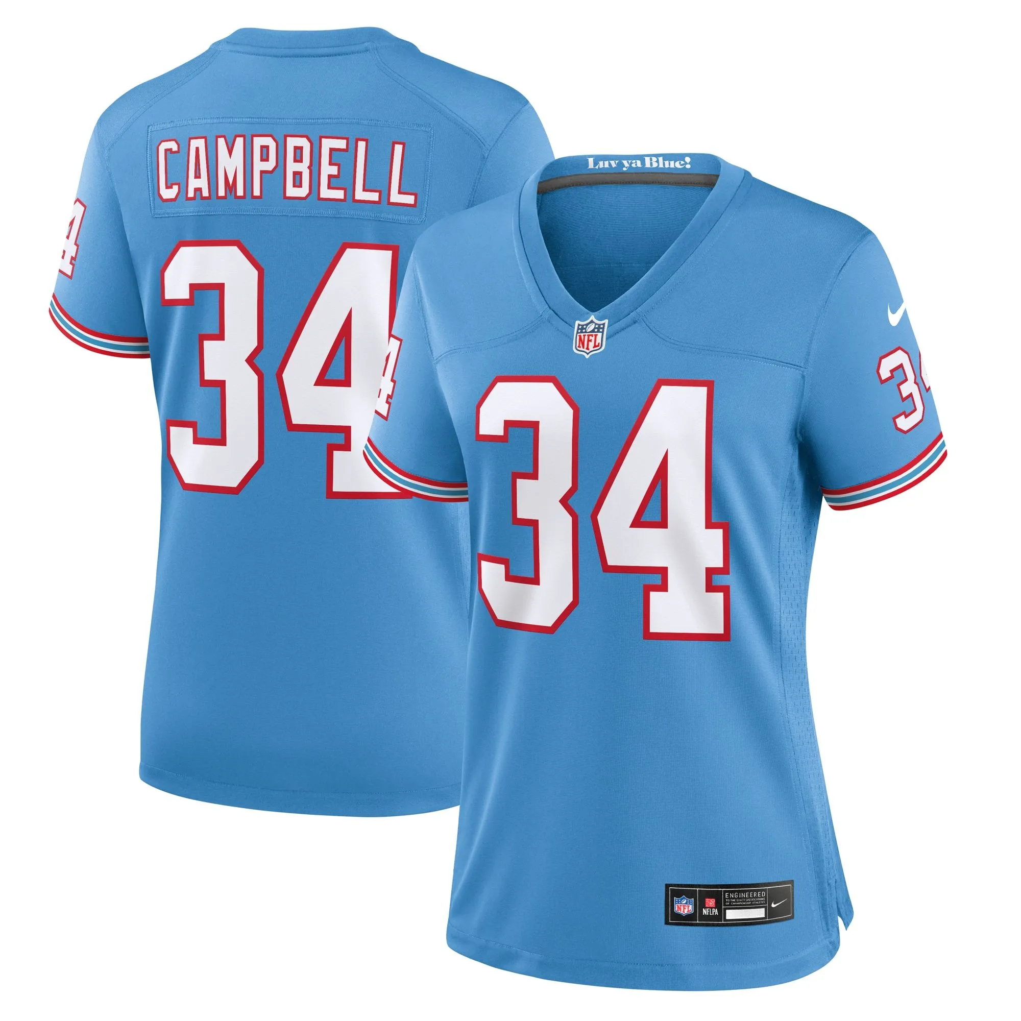 Earl Campbell Tennessee Titans  Women's Oilers Throwback Retired Player Game Jersey - Light Blue