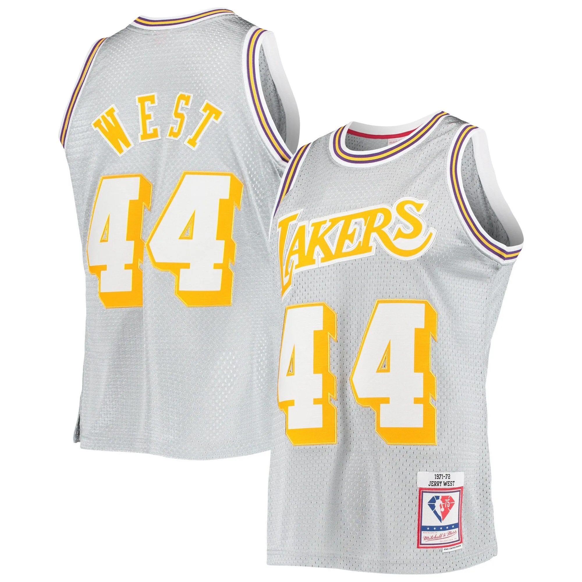 Jerry West Los Angeles Lakers Mitchell & Ness 75th Anniversary 1971/72 Hardwood Classics Swingman Jersey - Silver