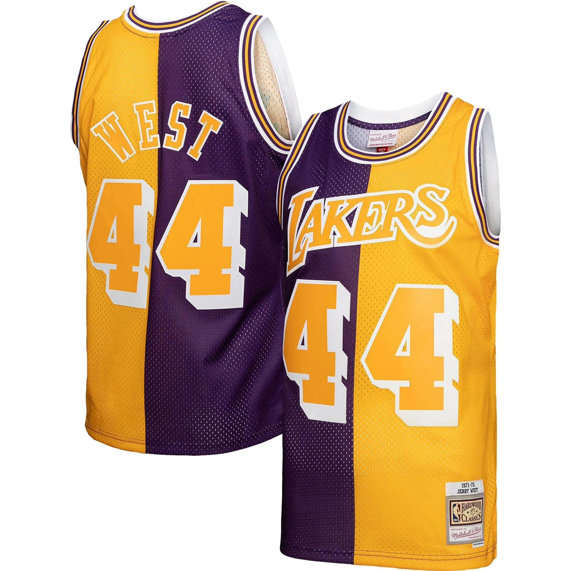 Jerry West Los Angeles Lakers Mitchell & Ness Hardwood Classics 1971/72 Split Swingman Jersey - Purple/Gold