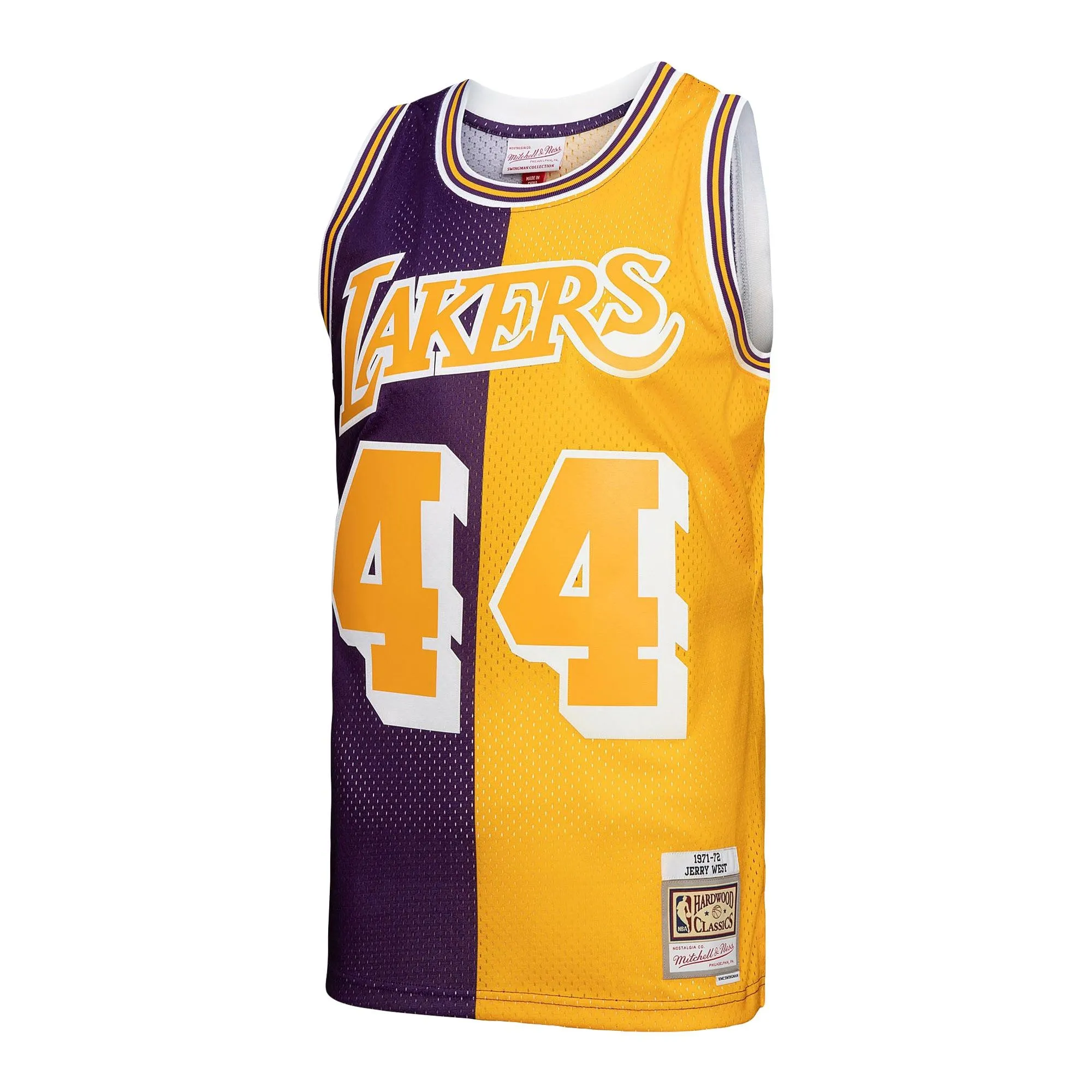 Jerry West Los Angeles Lakers Mitchell & Ness Hardwood Classics 1971/72 Split Swingman Jersey - Purple/Gold