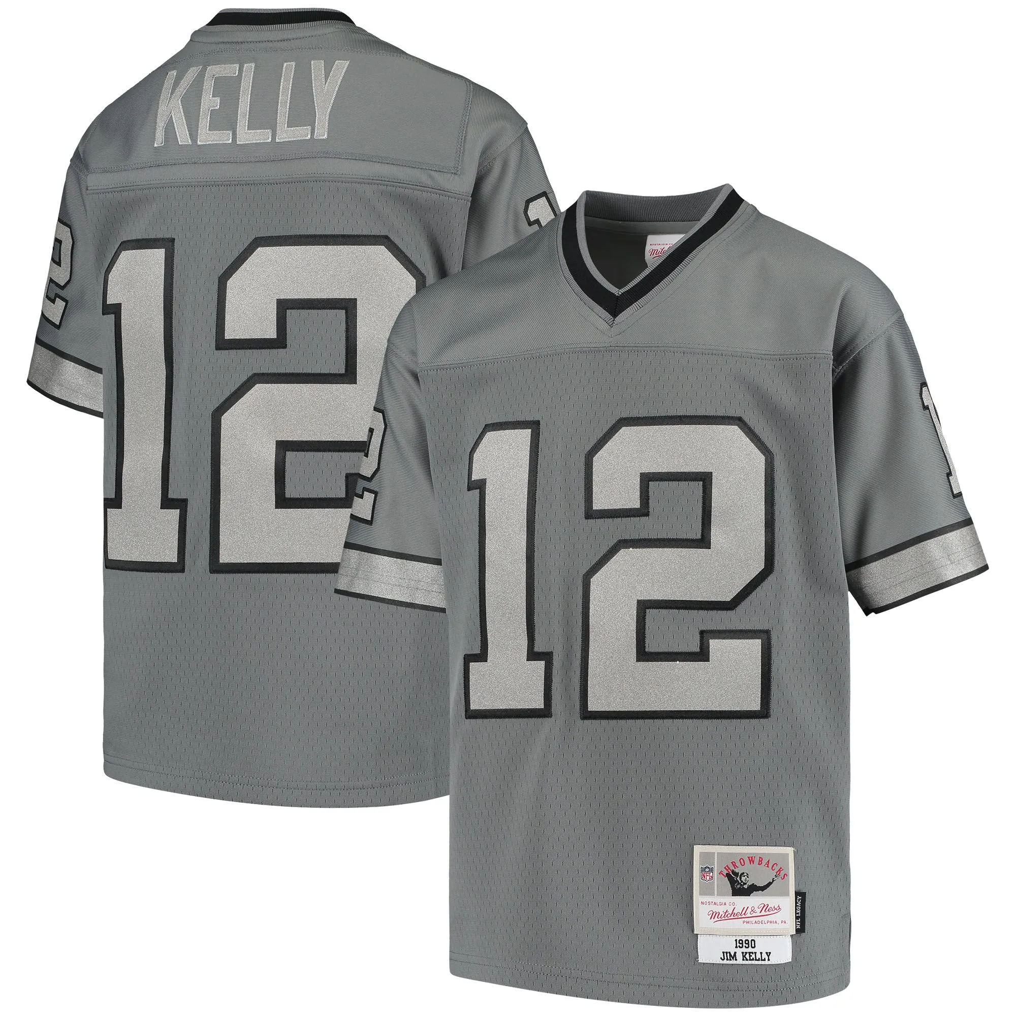 Jim Kelly Buffalo Bills Mitchell & Ness Youth 1990 Retired Player Metal Replica Jersey - Charcoal