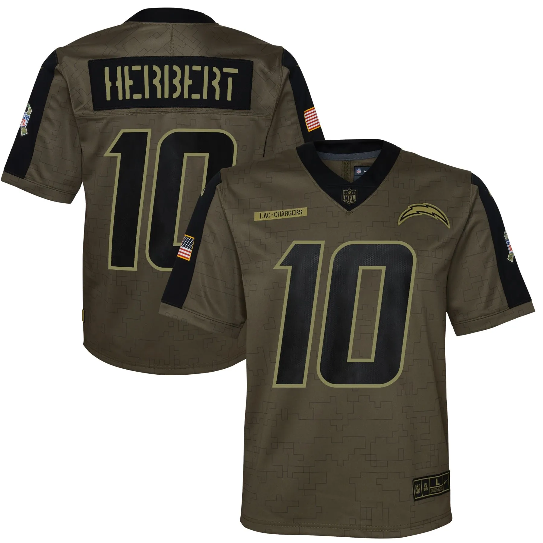 Justin Herbert Los Angeles Chargers  Youth 2021 Salute To Service Game Jersey - Olive