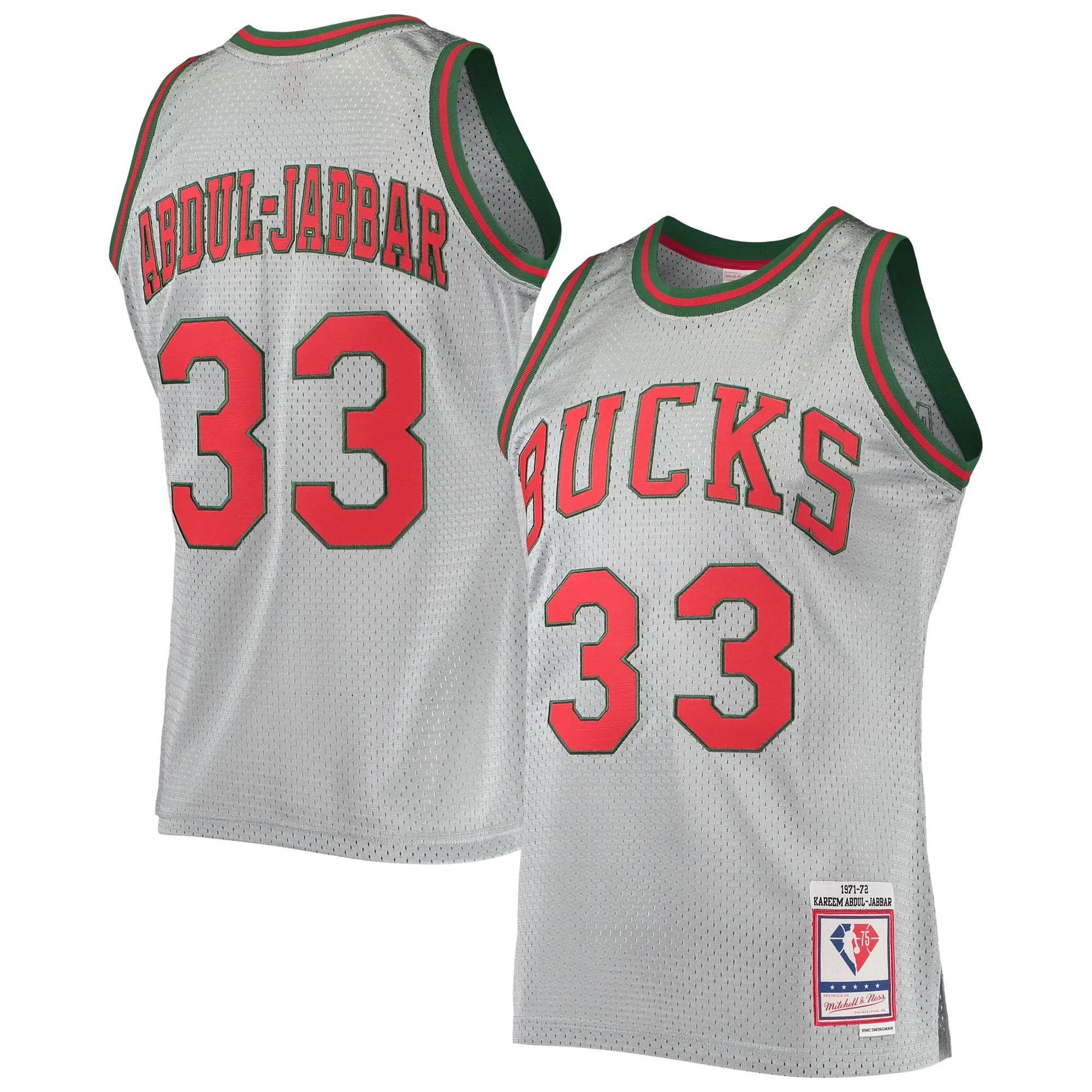 Kareem Abdul-Jabbar Milwaukee Bucks Mitchell & Ness 75th Anniversary 1971/72 Hardwood Classics Swingman Jersey - Silver