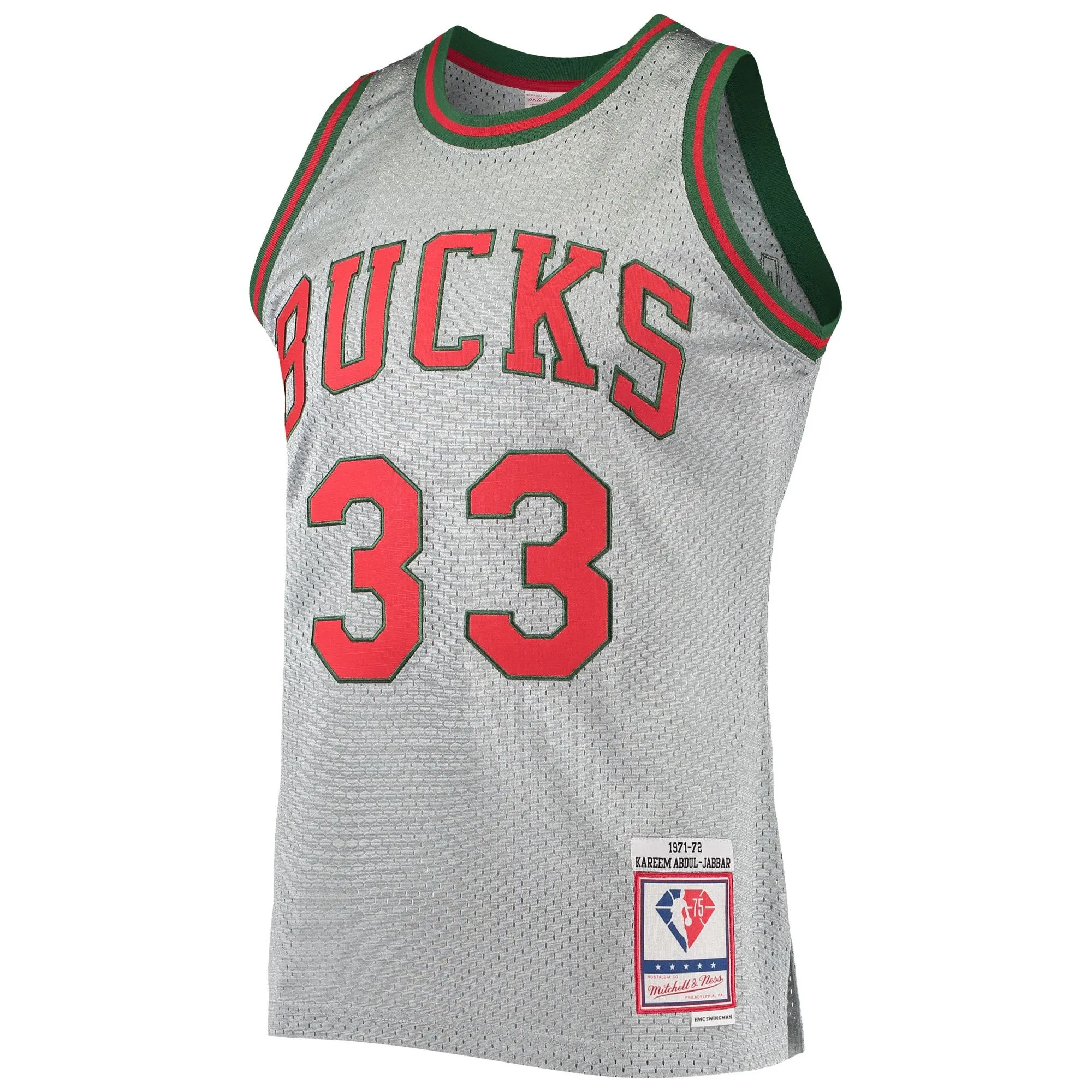 Kareem Abdul-Jabbar Milwaukee Bucks Mitchell & Ness 75th Anniversary 1971/72 Hardwood Classics Swingman Jersey - Silver