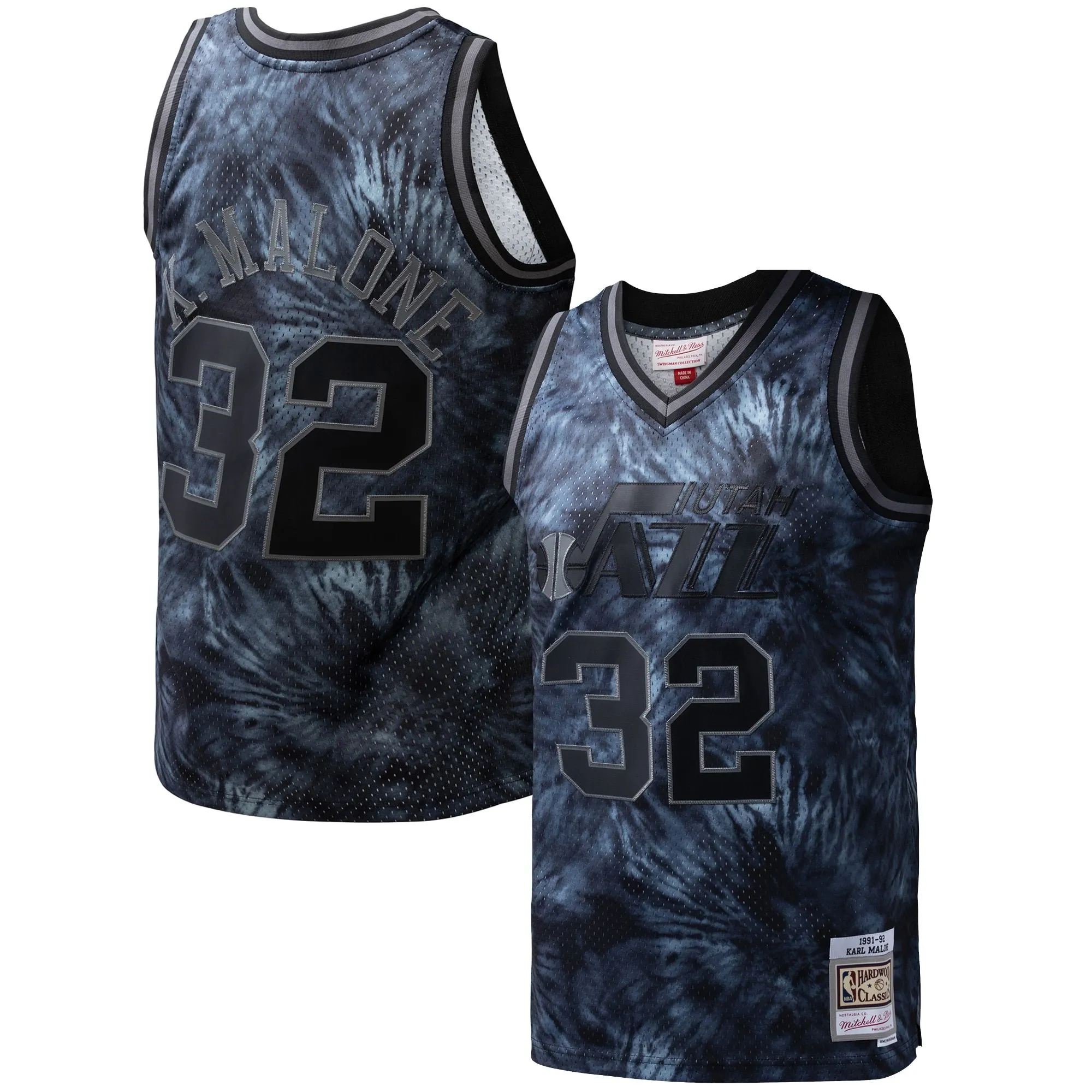 Karl Malone Utah Jazz Mitchell & Ness Hardwood Classics 1991/92 Tie-Dye Swingman Jersey - Black