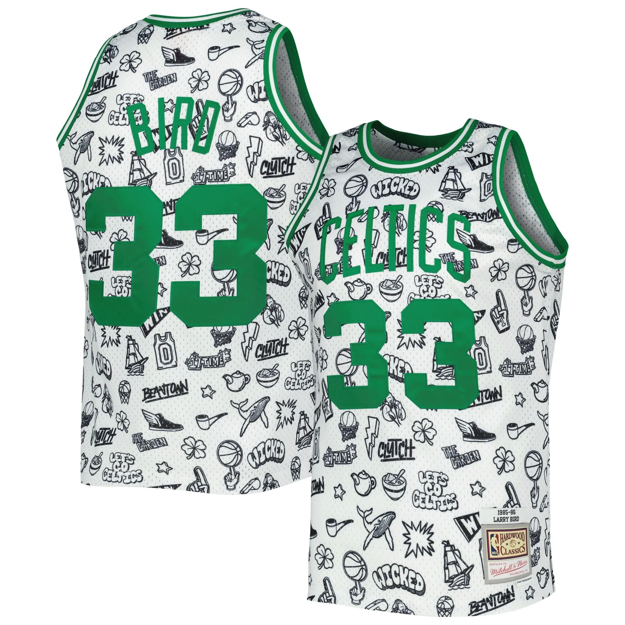 Larry Bird Boston Celtics Mitchell & Ness 1985/86 Hardwood Classics Doodle Swingman Jersey - White