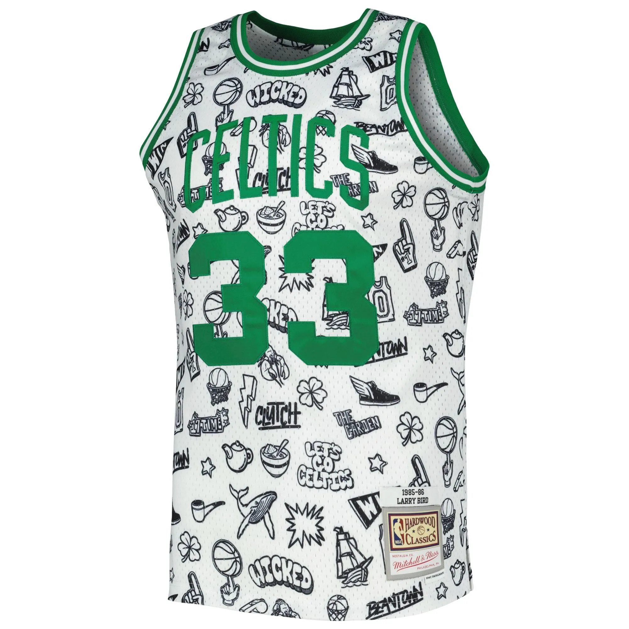 Larry Bird Boston Celtics Mitchell & Ness 1985/86 Hardwood Classics Doodle Swingman Jersey - White