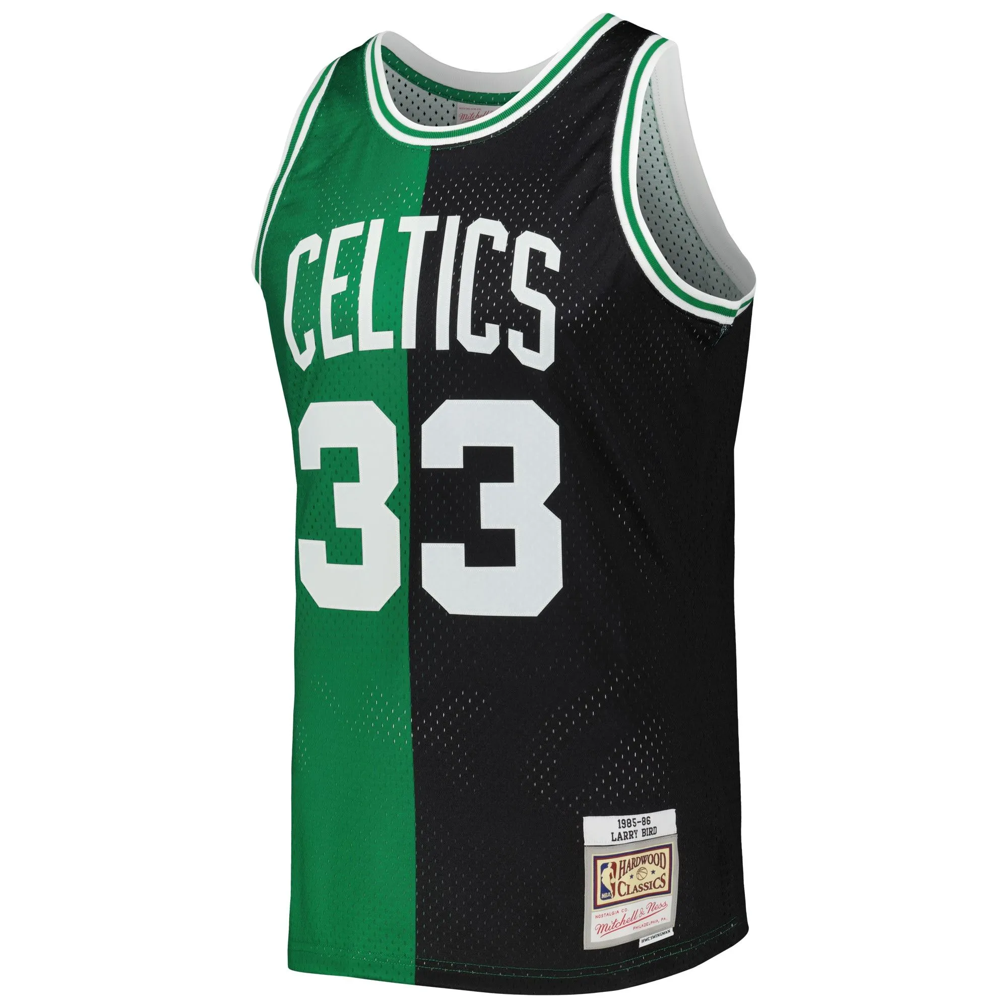 Larry Bird Boston Celtics Mitchell & Ness Hardwood Classics 1985/86 Split Swingman Jersey - Black/Kelly Green