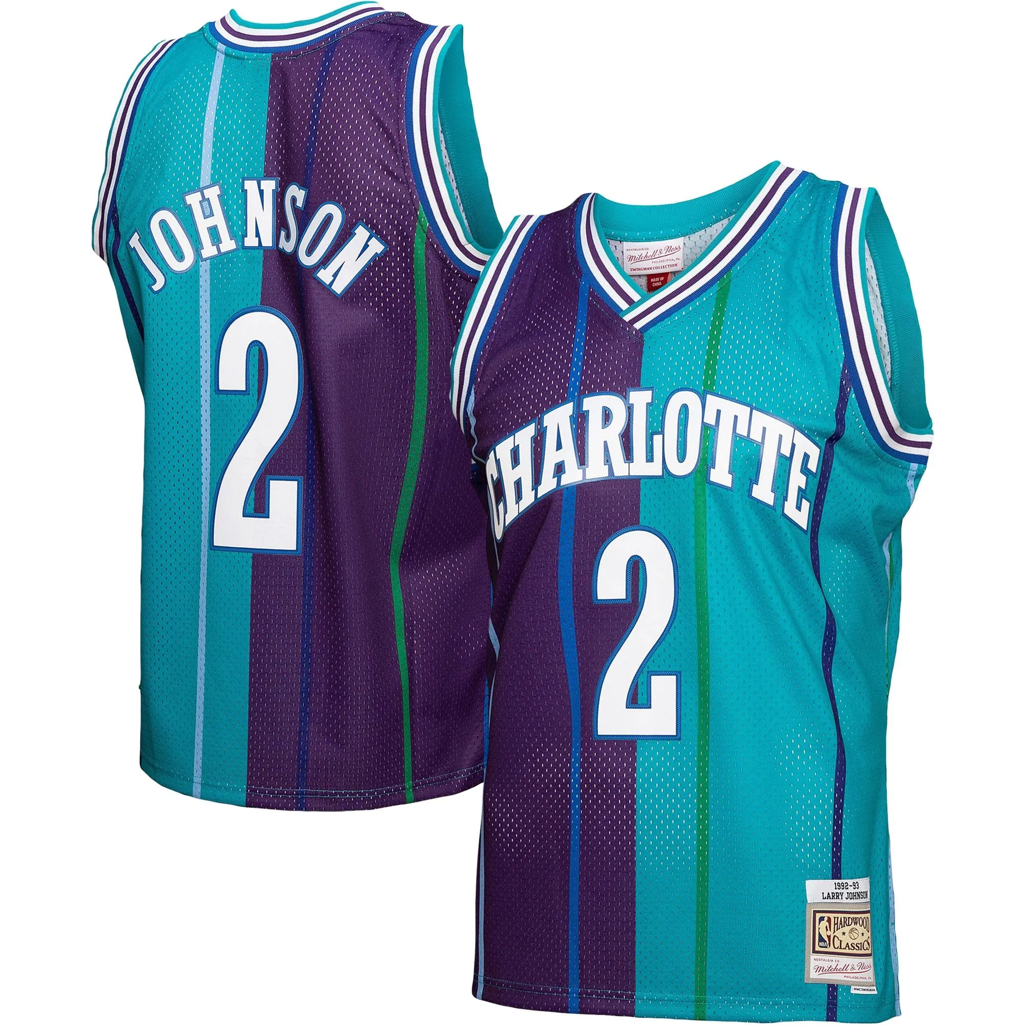 Larry Johnson Charlotte Hornets Mitchell & Ness Hardwood Classics Mitchell & Ness Split Swingman Jersey - Teal/Purple