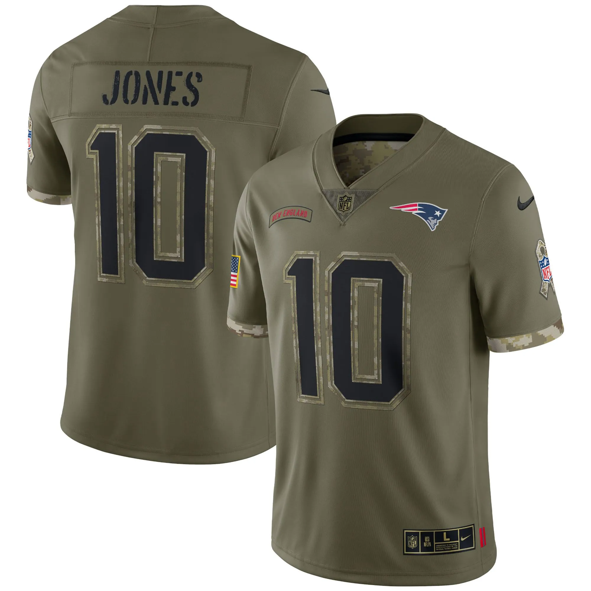 Mac Jones New England Patriots  2022 Salute To Service Limited Jersey - Olive