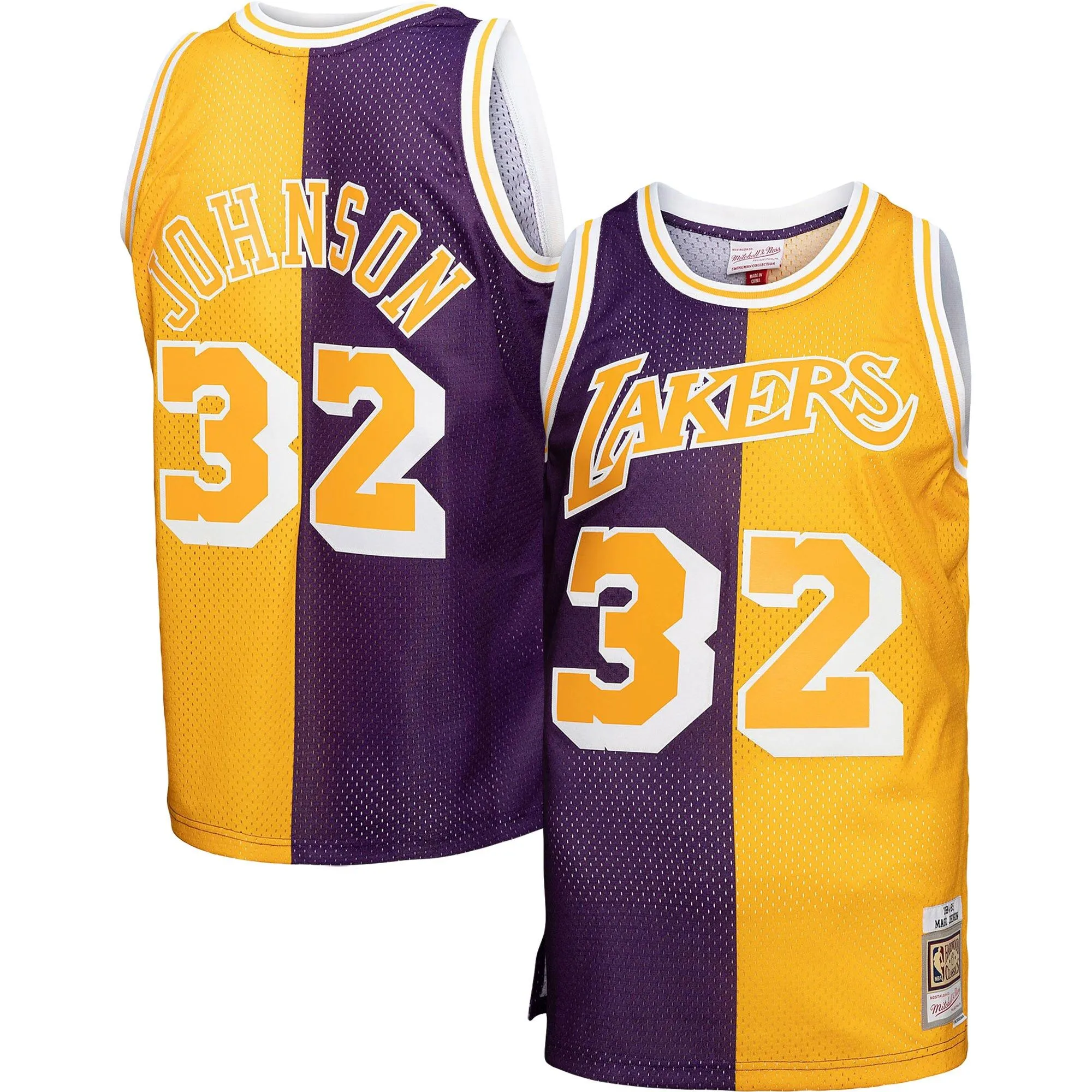 Magic Johnson Los Angeles Lakers Mitchell & Ness Big & Tall Hardwood Classics 1984/85 Split Swingman Jersey - Purple/Gold