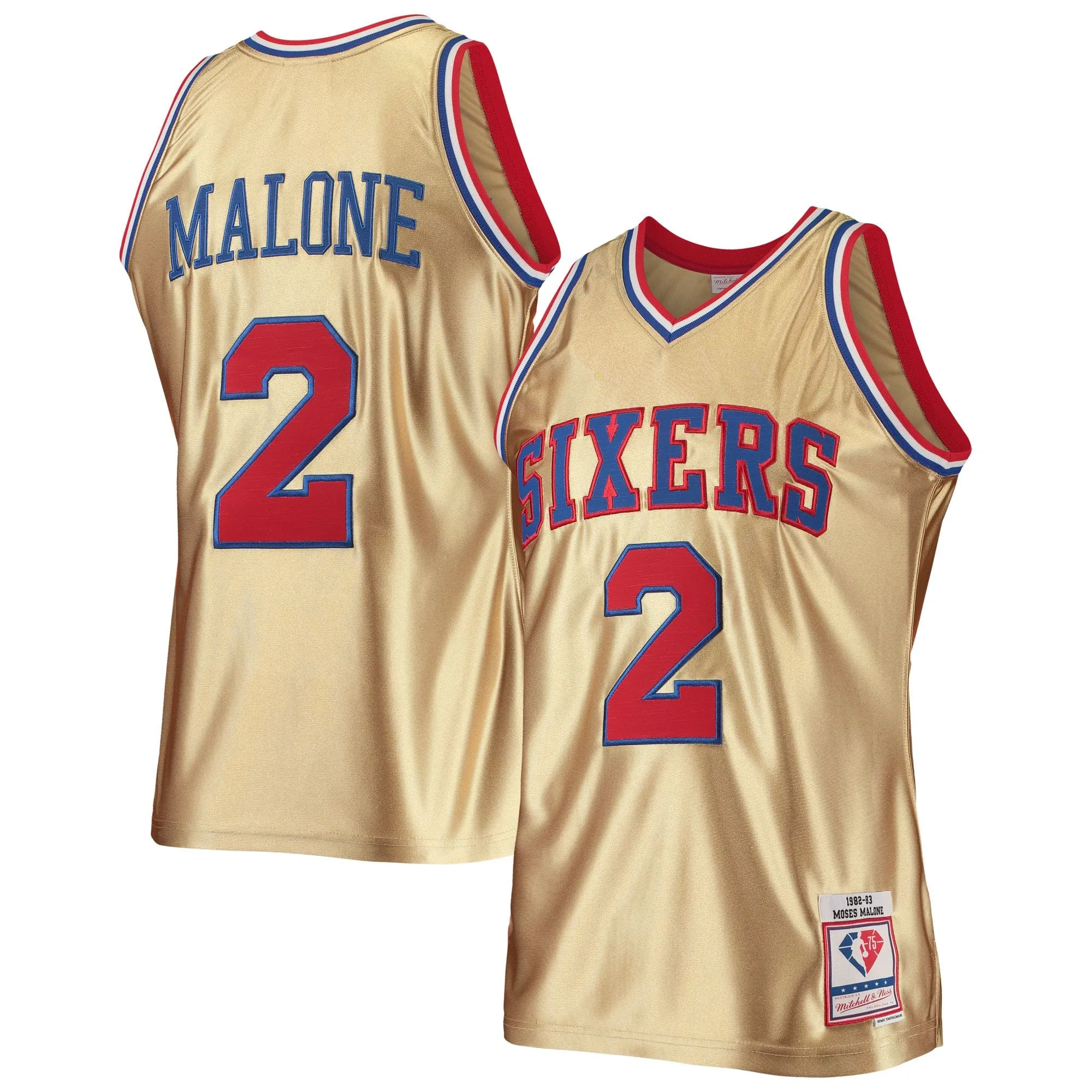 Moses Malone Philadelphia 76ers Mitchell & Ness 75th Anniversary 1982/83 Hardwood Classics Swingman Jersey - Gold