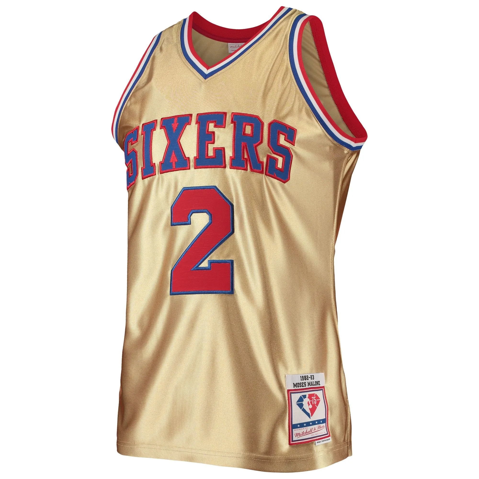 Moses Malone Philadelphia 76ers Mitchell & Ness 75th Anniversary 1982/83 Hardwood Classics Swingman Jersey - Gold