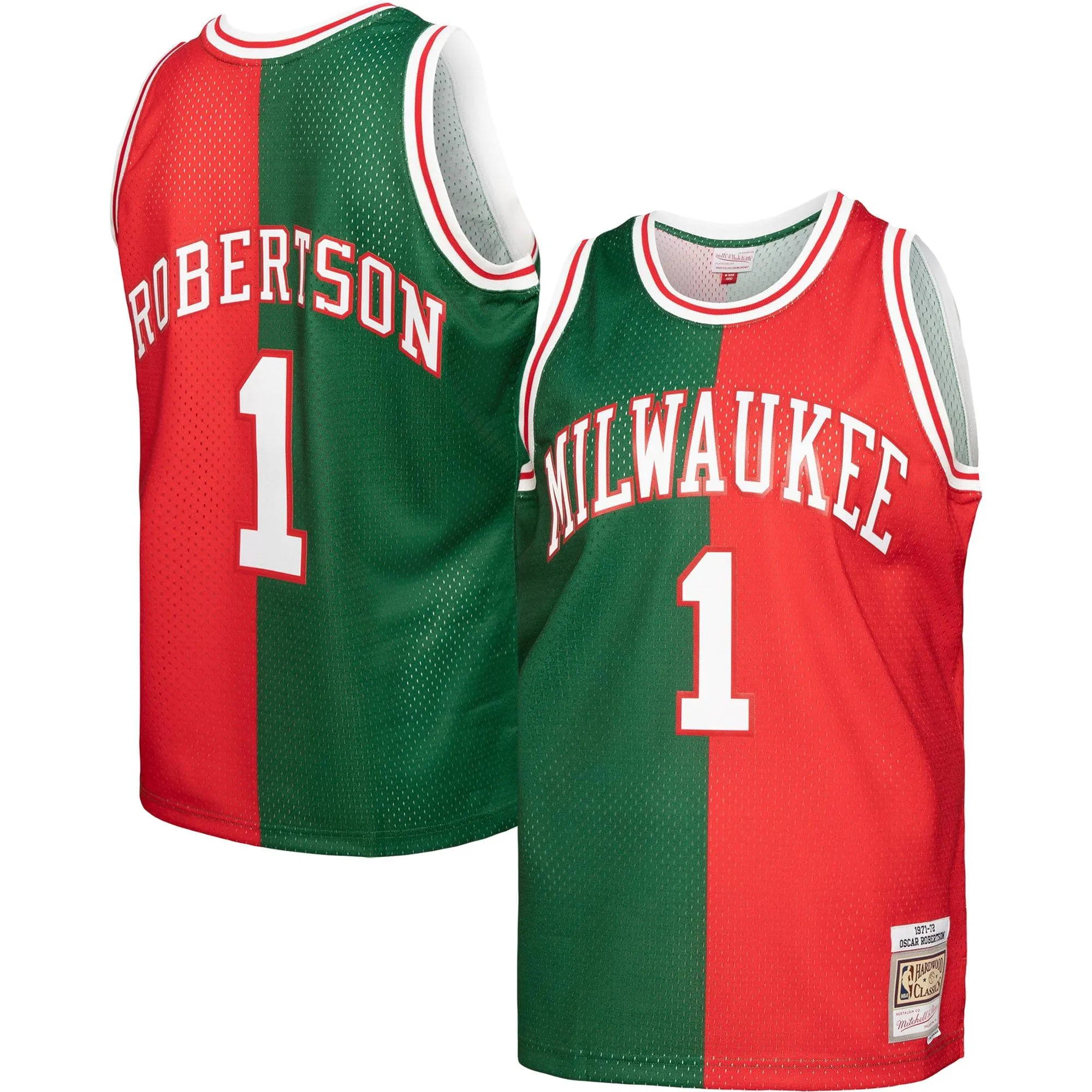 Oscar Robertson Milwaukee Bucks Mitchell & Ness Hardwood Classics 1971/72 Split Swingman Jersey - Green/Red