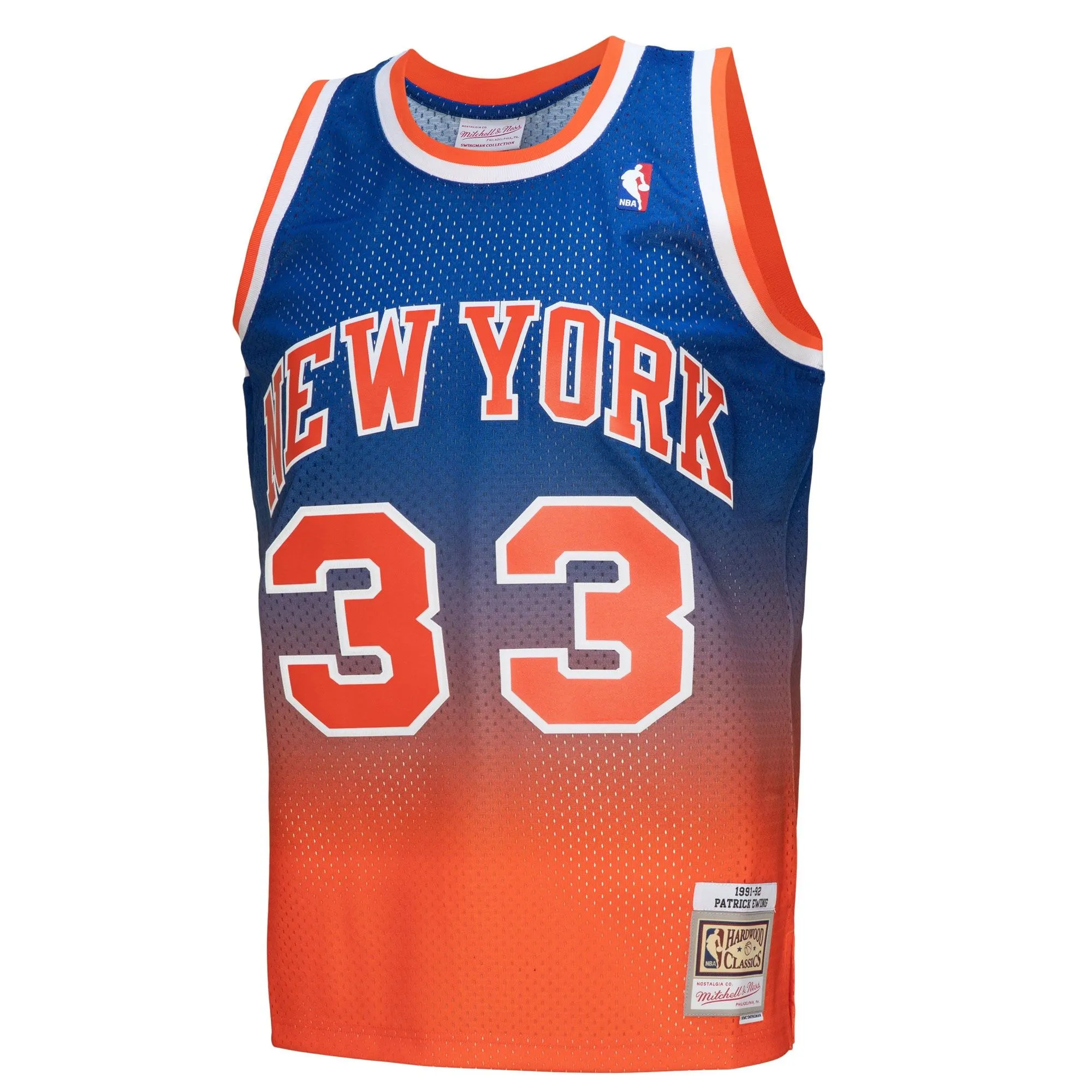 Patrick Ewing New York Knicks Mitchell & Ness 1991/92 Hardwood Classics Fadeaway Swingman Player Jersey - Orange/Royal