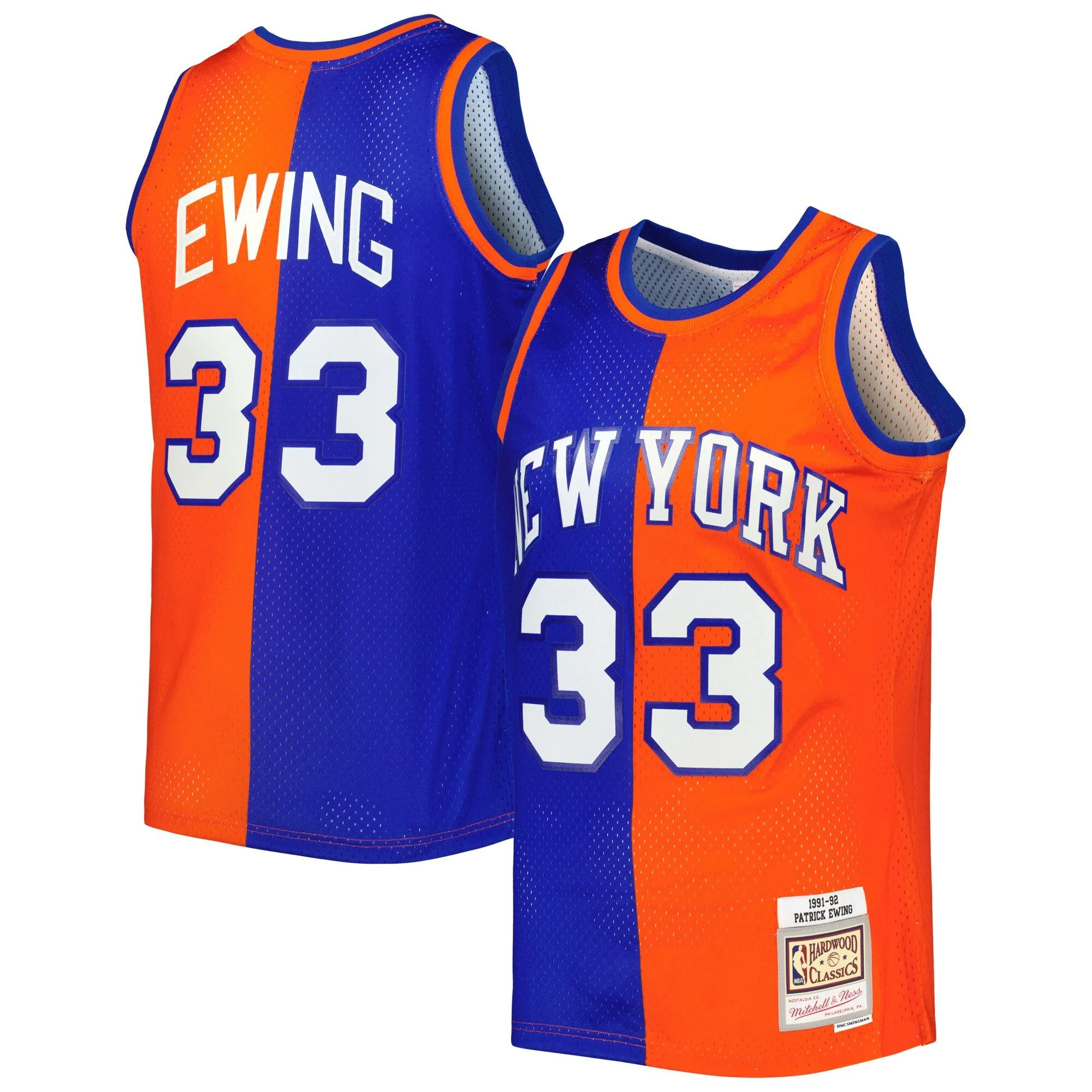 Patrick Ewing New York Knicks Mitchell & Ness Hardwood Classics 1991/92 Split Swingman Jersey - Blue/Orange