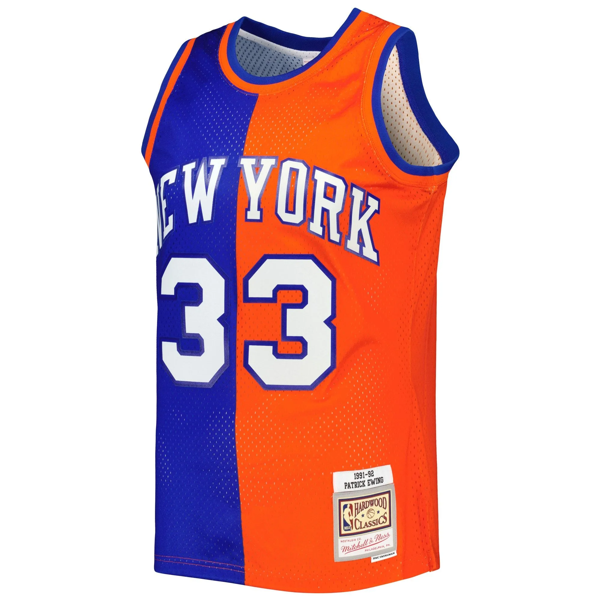 Patrick Ewing New York Knicks Mitchell & Ness Hardwood Classics 1991/92 Split Swingman Jersey - Blue/Orange