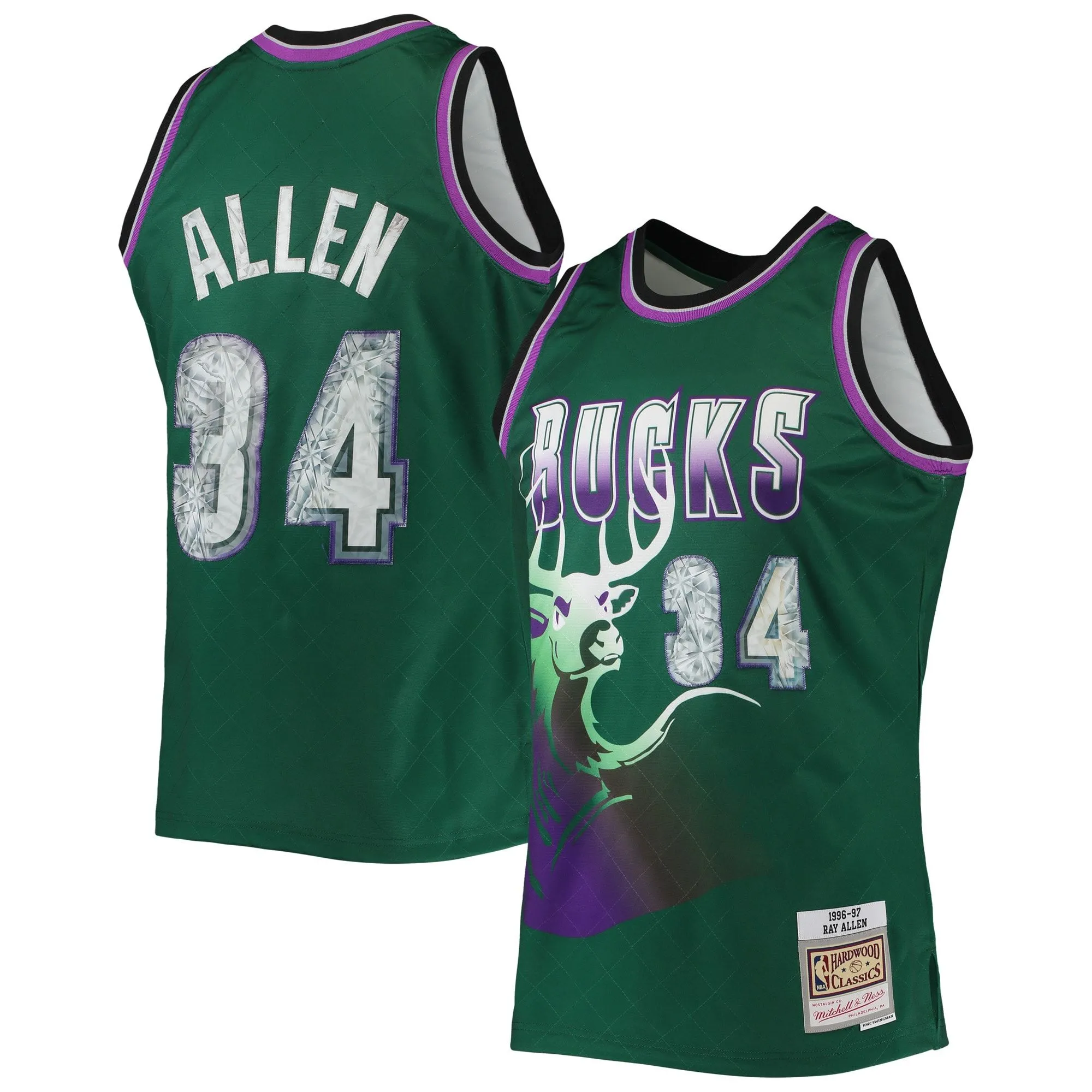 Ray Allen Milwaukee Bucks Mitchell & Ness 1996/97 Hardwood Classics NBA 75th Anniversary Diamond Swingman Jersey - Green