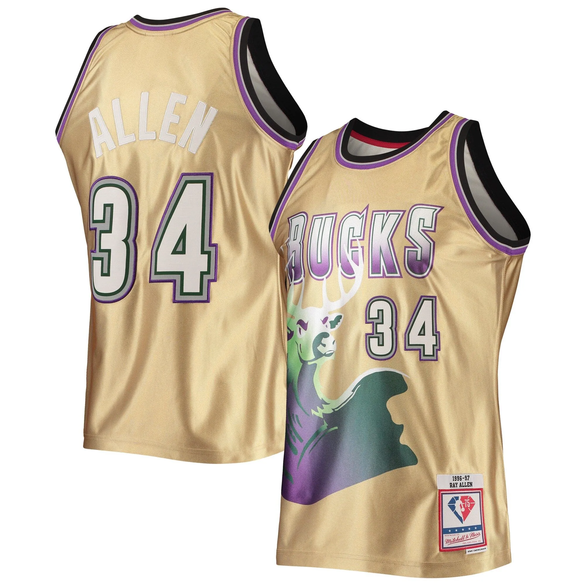 Ray Allen Milwaukee Bucks Mitchell & Ness 75th Anniversary 1996/97 Hardwood Classics Swingman Jersey - Gold