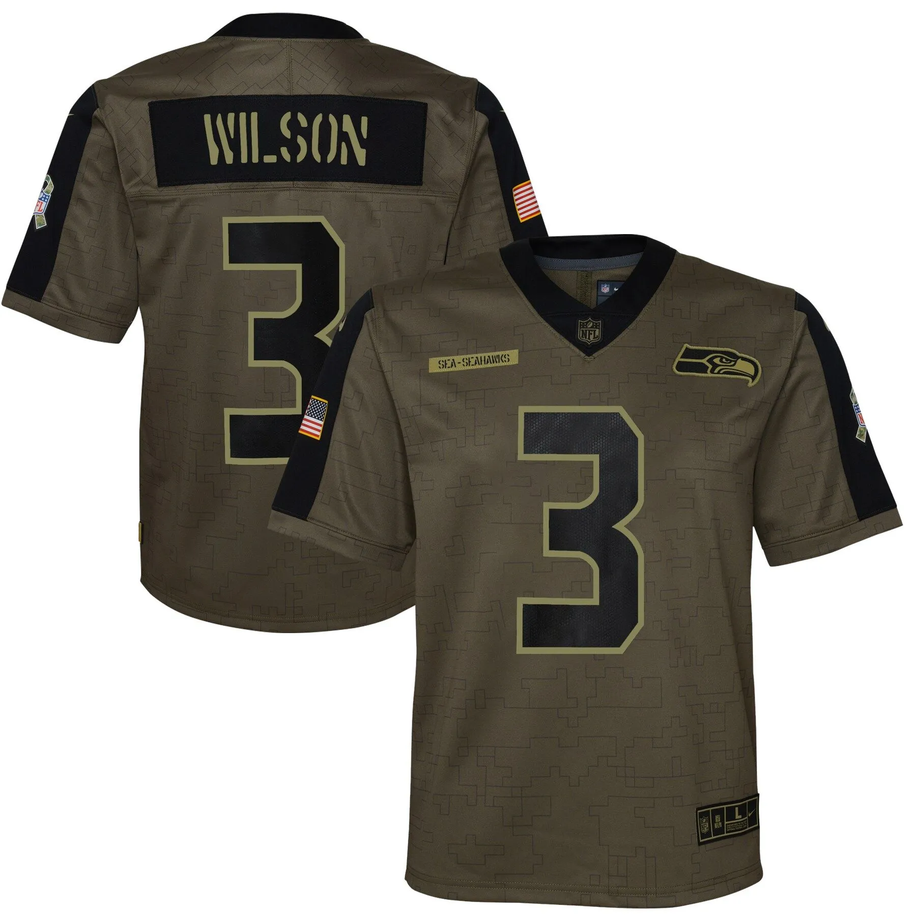 Russell Wilson Seattle Seahawks  Youth 2021 Salute To Service Game Jersey - Olive