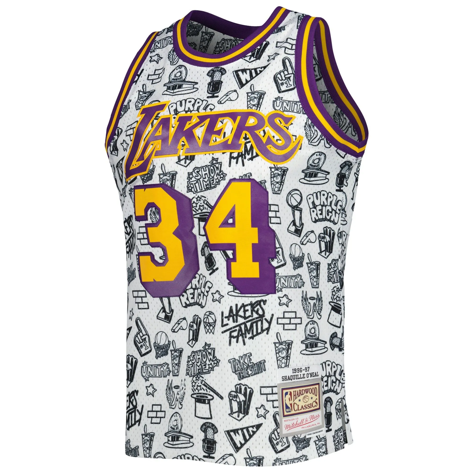 Shaquille O'Neal Los Angeles Lakers Mitchell & Ness 1996/97 Hardwood Classics Doodle Swingman Jersey - White