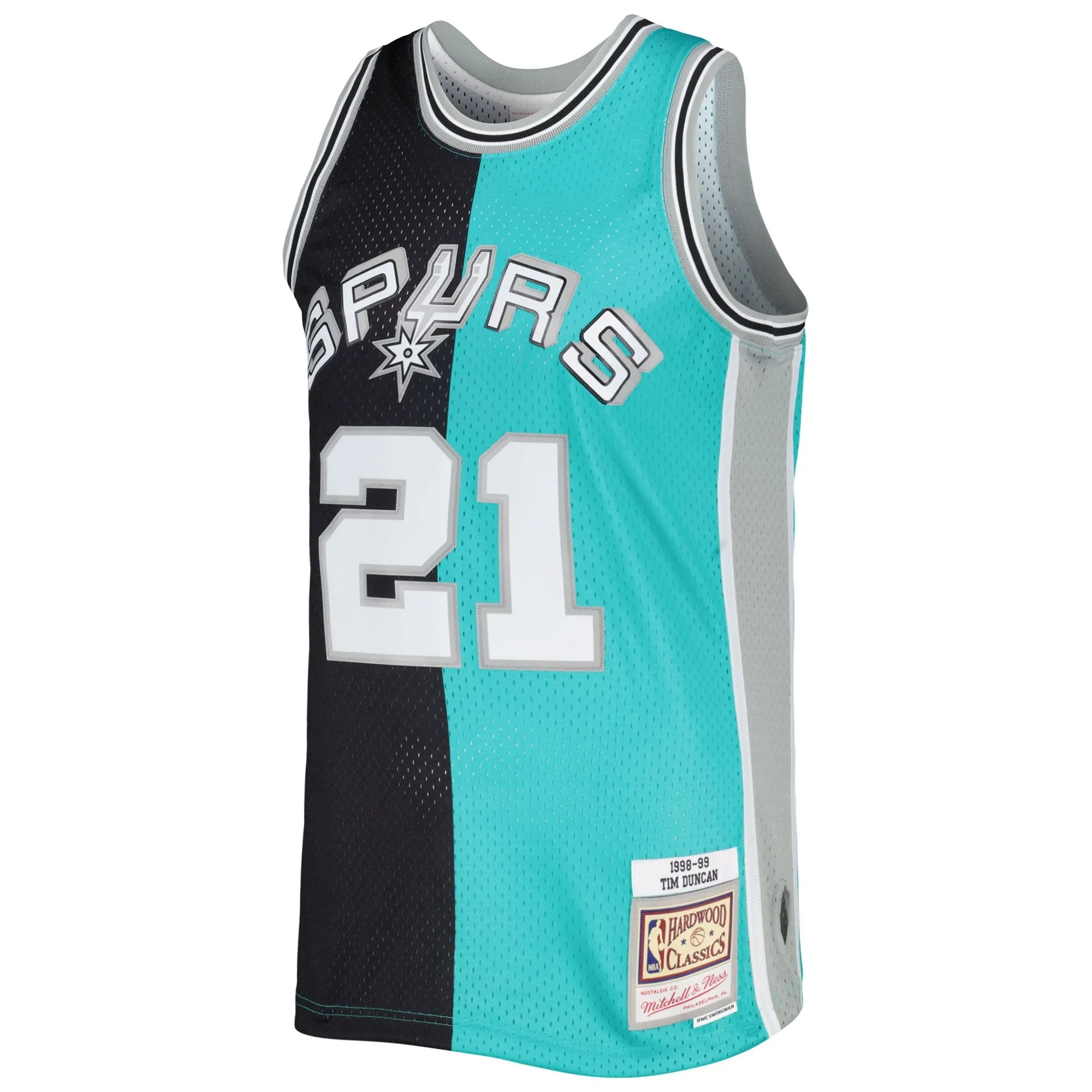 Tim Duncan San Antonio Spurs Mitchell & Ness Hardwood Classics 1998/99 Split Swingman Jersey - Black/Teal