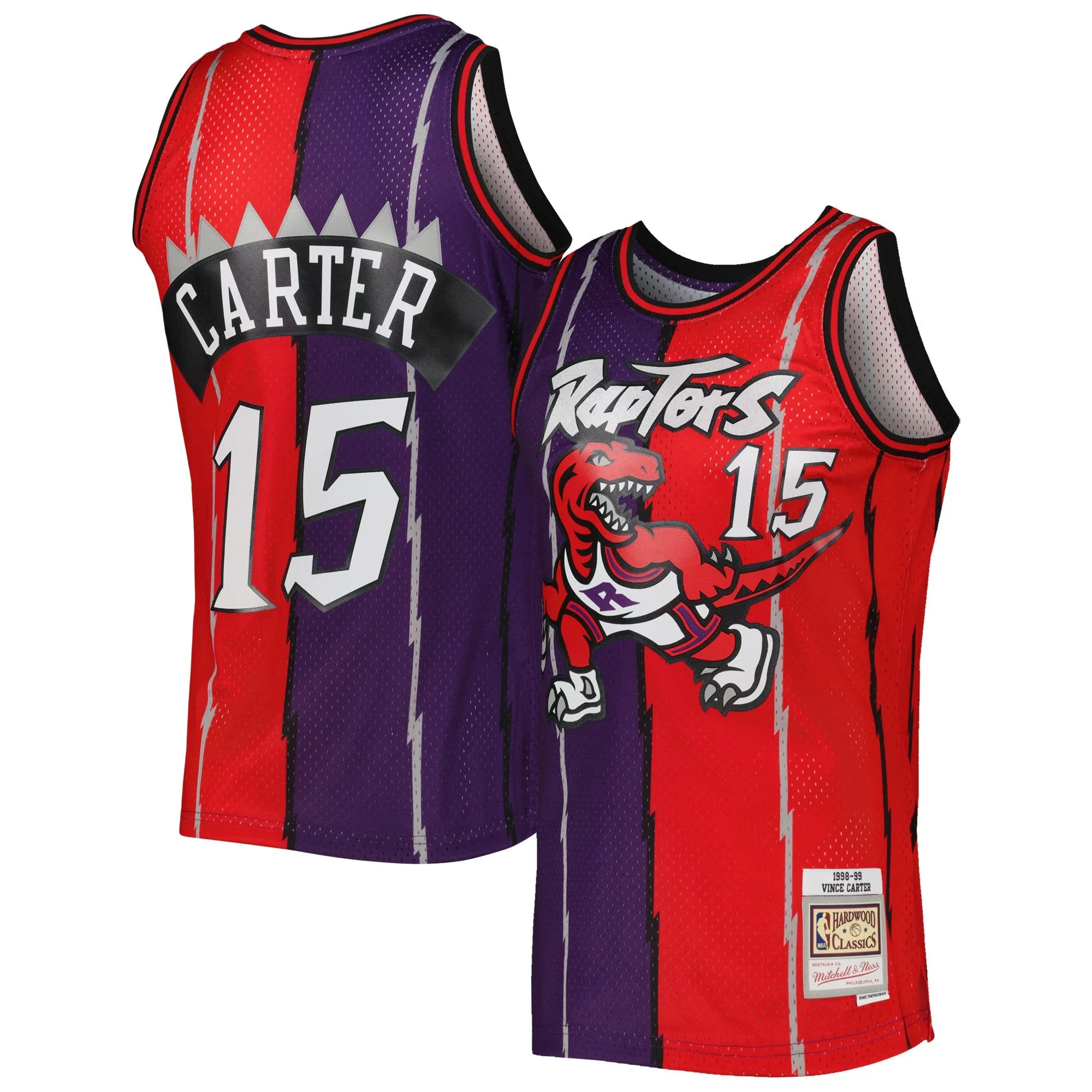 Vince Carter Toronto Raptors Mitchell & Ness Hardwood Classics 1998/99 Split Swingman Jersey - Purple/Red